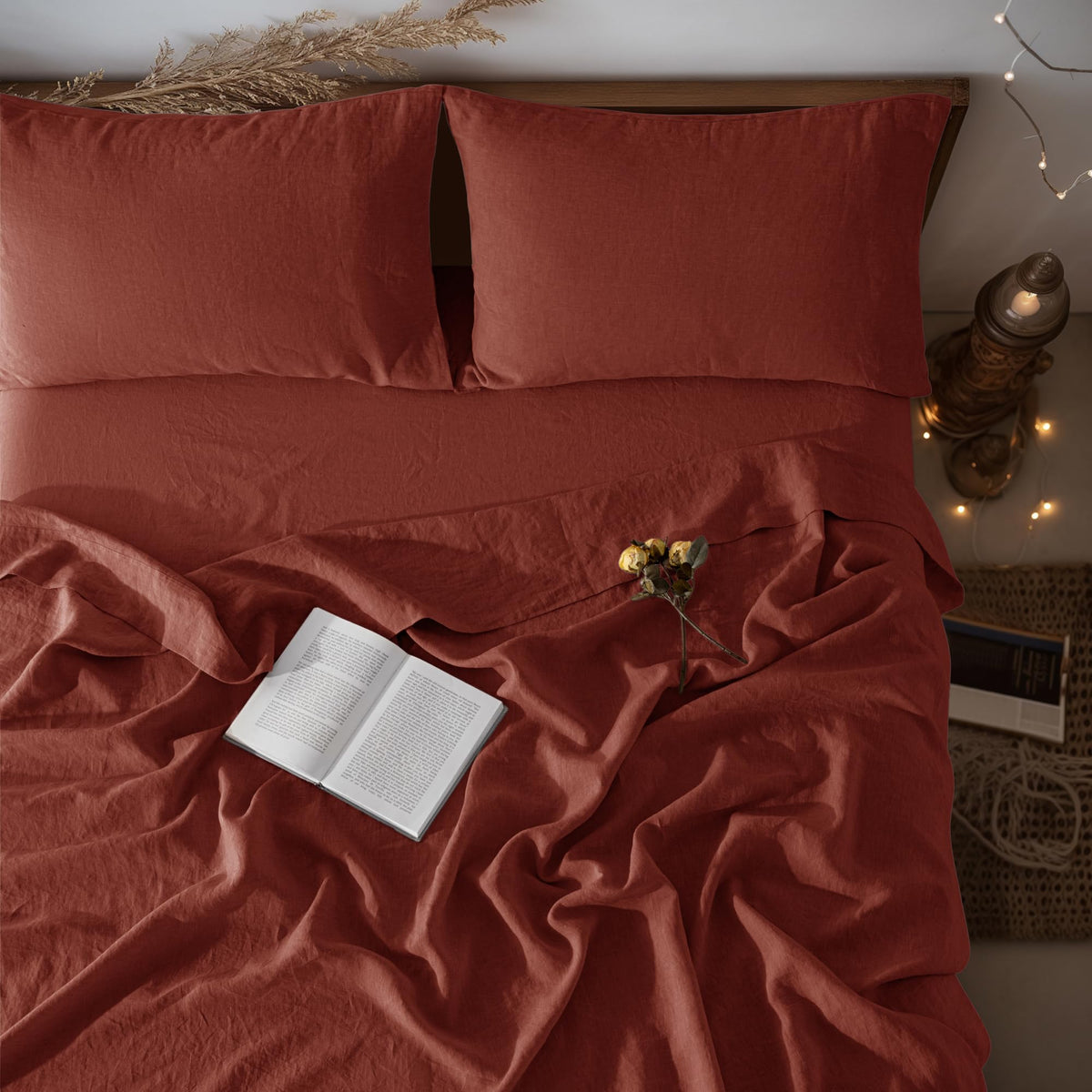LBRO2M 100% French Pure Linen Sheet Set 4Pcs, 16" Deep Pocket Queen Size