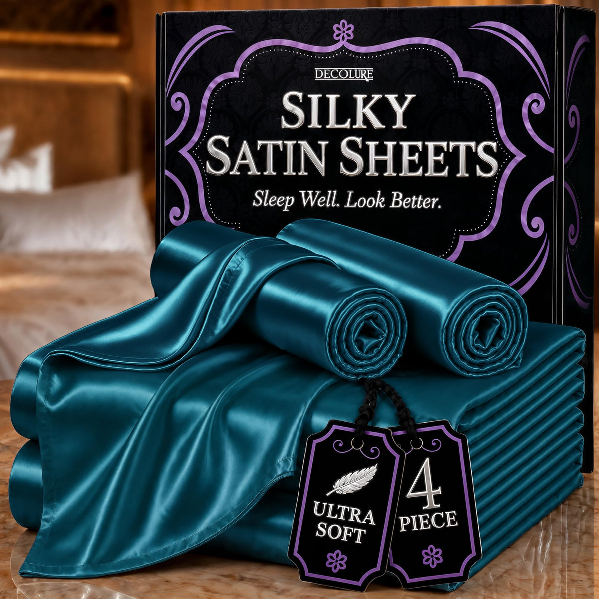 DECOLURE Satin Sheets Queen Size | Softer Than Silk | Luxury 4 Pc Bed Set