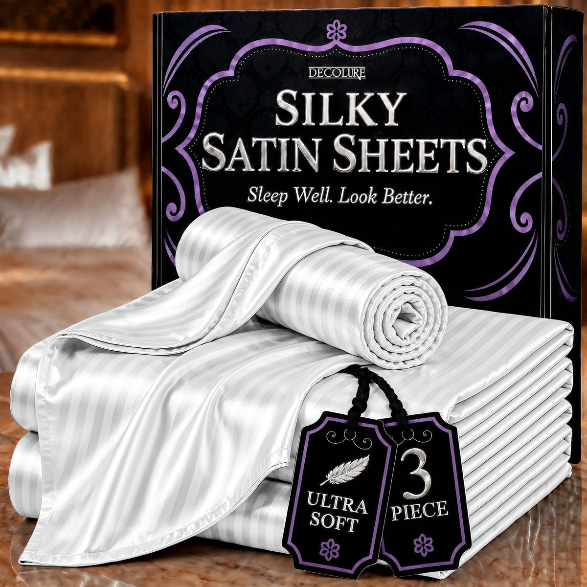 DECOLURE Satin Sheets Queen Size | Softer Than Silk | Luxury 4 Pc Bed Set