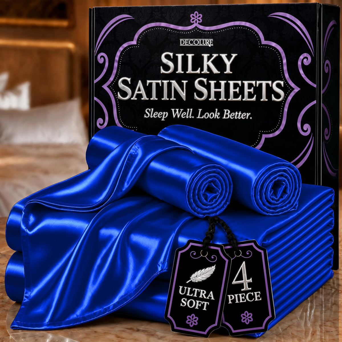 DECOLURE Satin Sheets Queen Size | Softer Than Silk | Luxury 4 Pc Bed Set