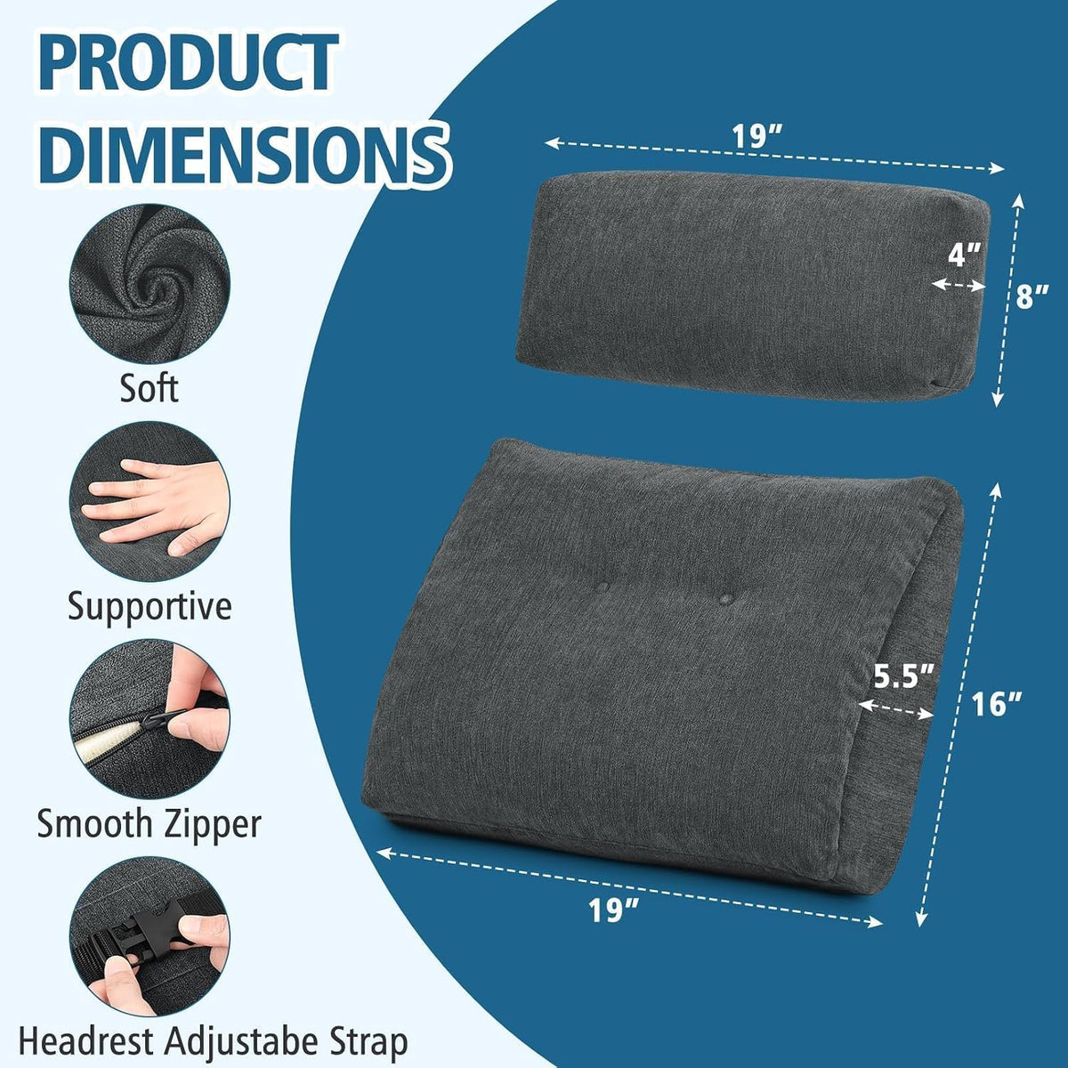 Lumbar Support Pillow for Recliner Chair with Headrest, Dual-Layer Large Back Pillow for Deep Couch & Sofa, Memory Foam Lower Back Support Cushion Set for Sciatica Relief Dark Grey