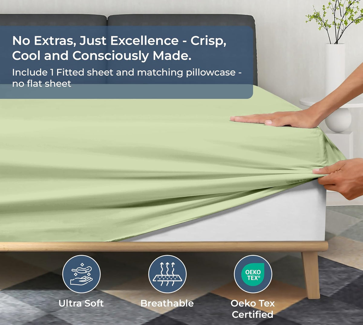 Royale Linen Fitted Sheet With Pillowcases - Queen Fitted Sheets With 2 Pillowcase - 300 Thread Count 100% Organic Cotton - Fit Mattress Up to 18" Deep - Soft & Breathable - Sage Green (No Flat Sheet)