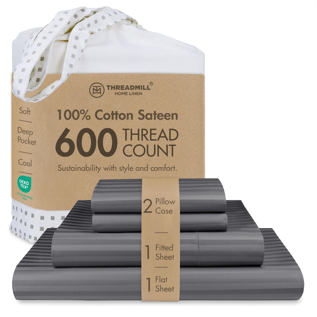 Threadmill 600 Thread Count Cotton Queen Sheet Set, Sateen, Dark Grey