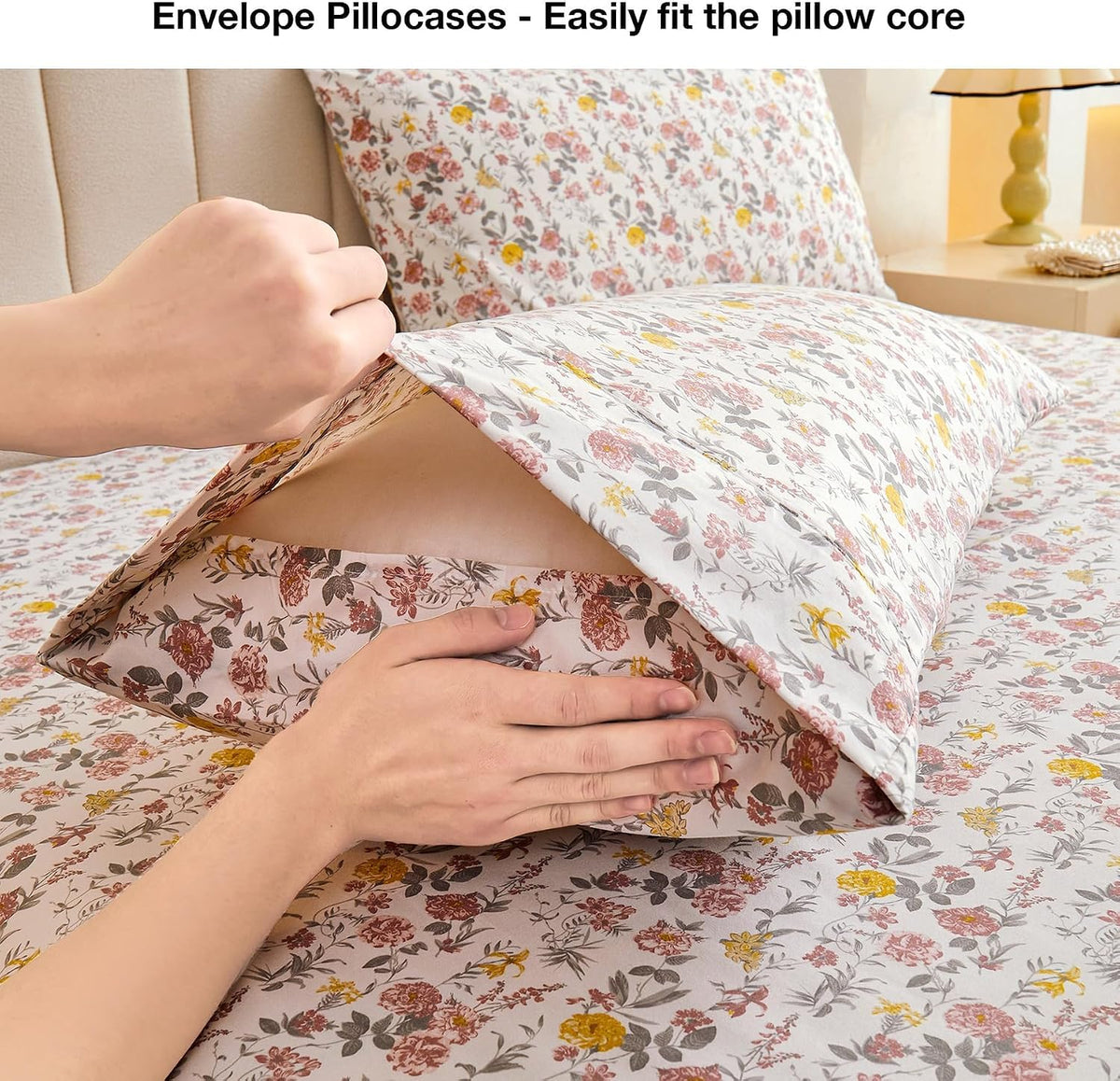 Viviland Floral Twin Sheet Set - 3 Piece Vintage Pink & Yellow Flower Patterned Bed Sheets - Soft, Breathable Microfiber Sheets with Deep Pocket, Non-Slip Fitted Sheets & Pillowcases