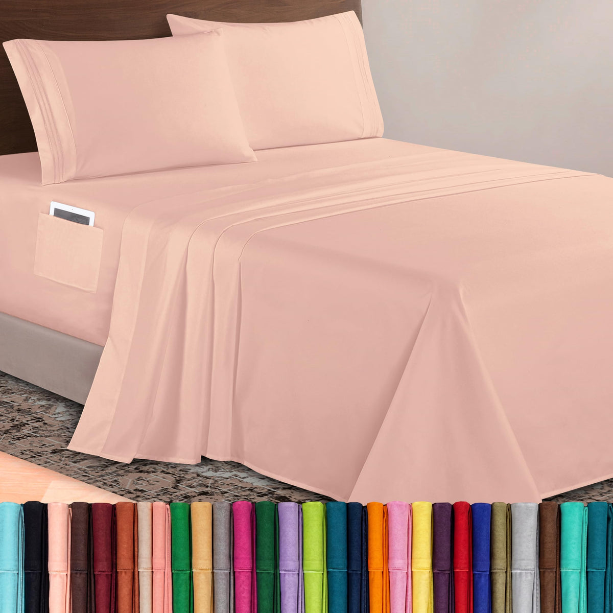Elegant Comfort Luxurious 1500 Premium Hotel Quality Microfiber Three Line Embroidered Softest 4-Piece Bed Sheet Set, Wrinkle and Fade Resistant, Queen, Light Pink