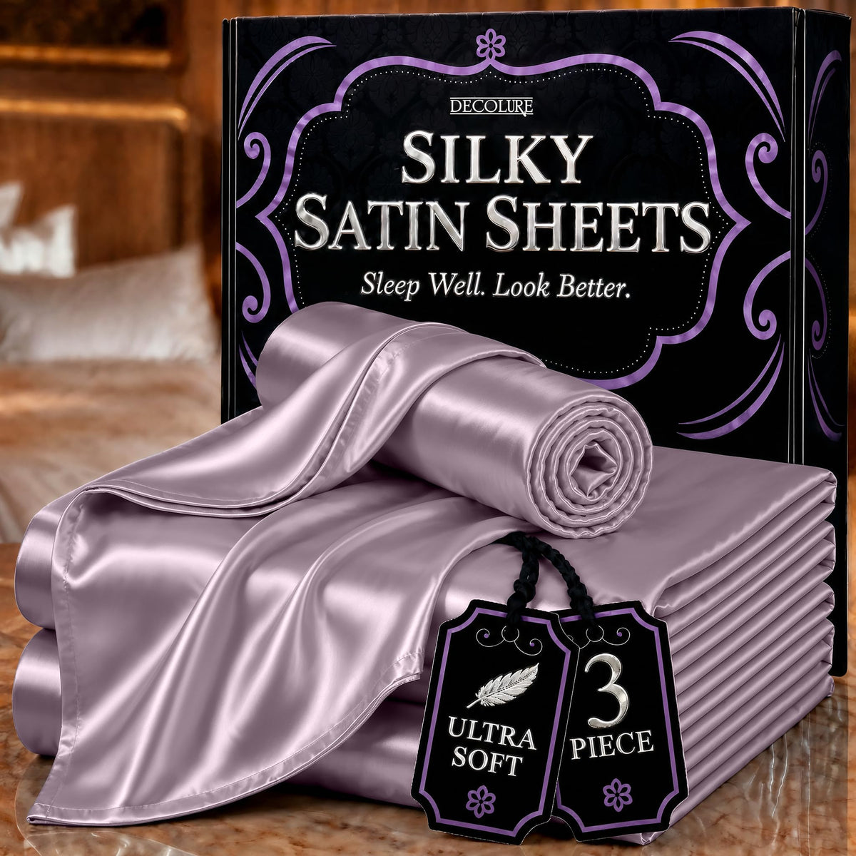 DECOLURE Satin Sheets Queen Size | Softer Than Silk | Luxury 4 Pc Bed Set
