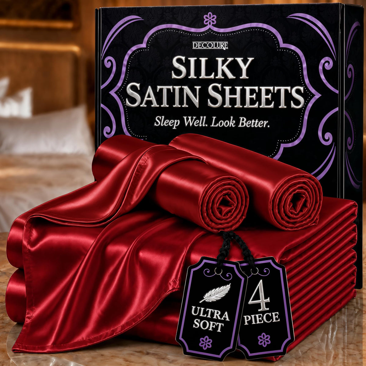 DECOLURE Satin Sheets Queen Size | Softer Than Silk | Luxury 4 Pc Bed Set