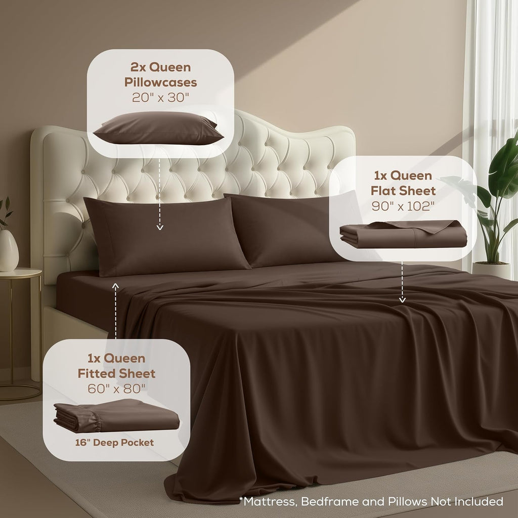 Queen Sheets Set, 4 Pieces 16" Deep Pocket Hotel Luxury Bed Sheets, Brown