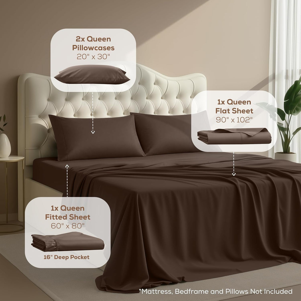Queen Sheets Set, 4 Pieces 16" Deep Pocket Hotel Luxury Bed Sheets, Brown