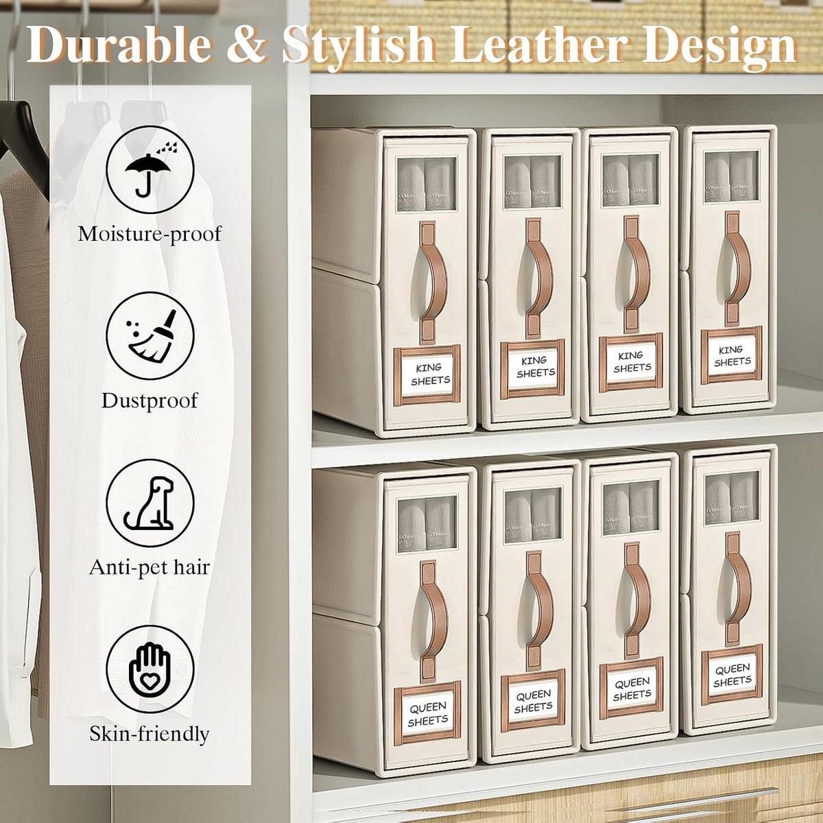 3 Pack Foldable Bed Sheets Set Organizers and Storage(King & Queen Size),Linen Fabric Closet Organizers with Window,Folding Bedding Storage Box for Bedsheets and Pillow Cube Organizer-Beige