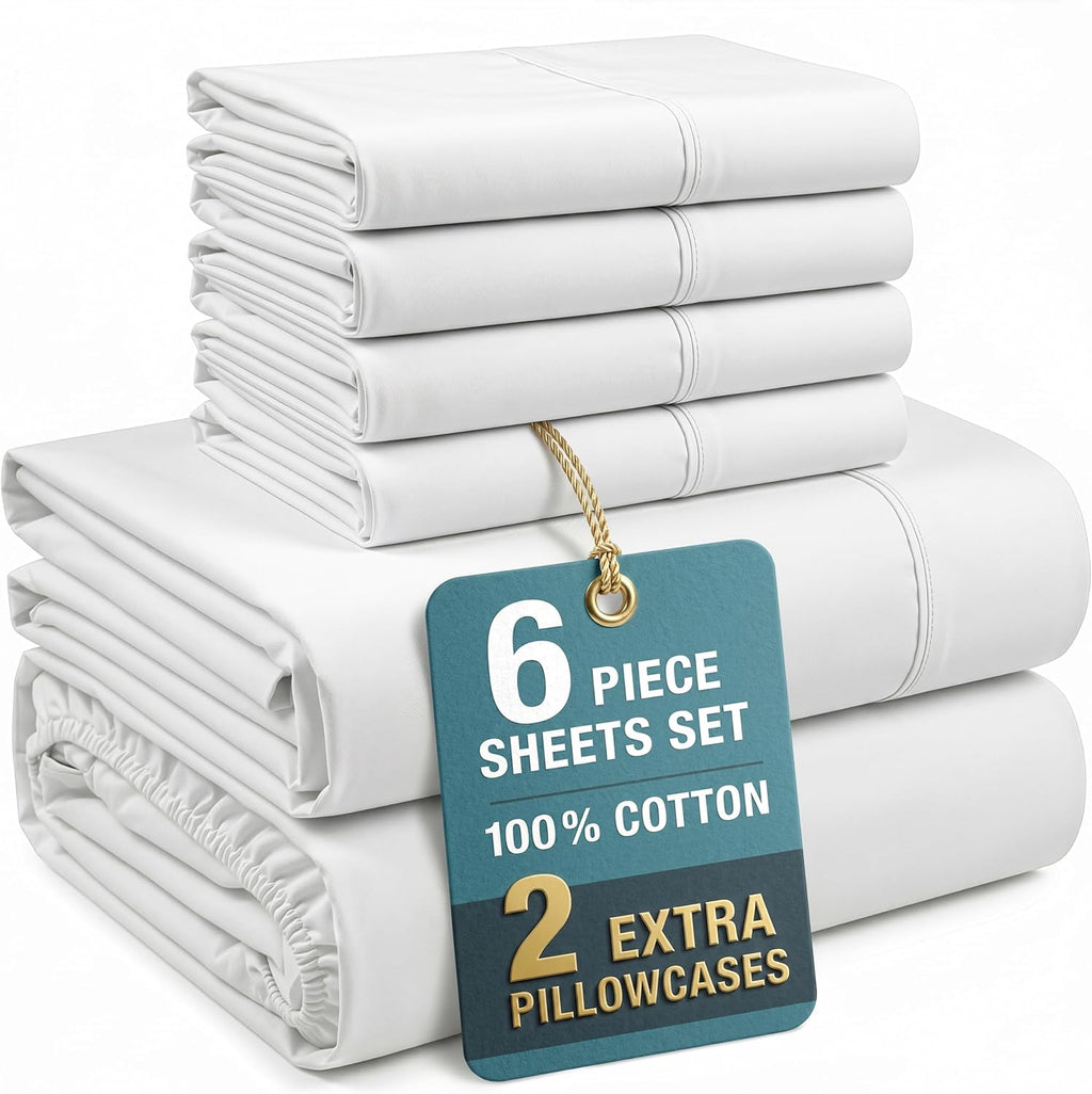 Casa Platino King Size Sheets Set –100% Cotton King Sheets with 4 Pillowcases, Lightweight Feel & Secure Fit, Crisp & Breathable Percale Weave with 15" Deep Pocket, Soft and Cozy – Pure White