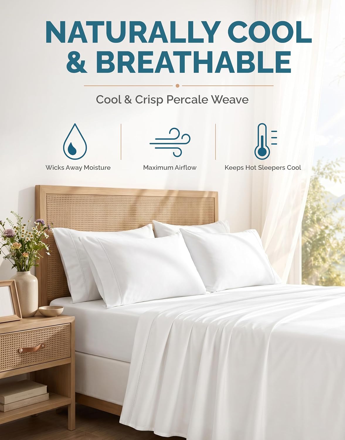 Casa Platino King Size Sheets Set –100% Cotton King Sheets with 4 Pillowcases, Lightweight Feel & Secure Fit, Crisp & Breathable Percale Weave with 15" Deep Pocket, Soft and Cozy – Pure White