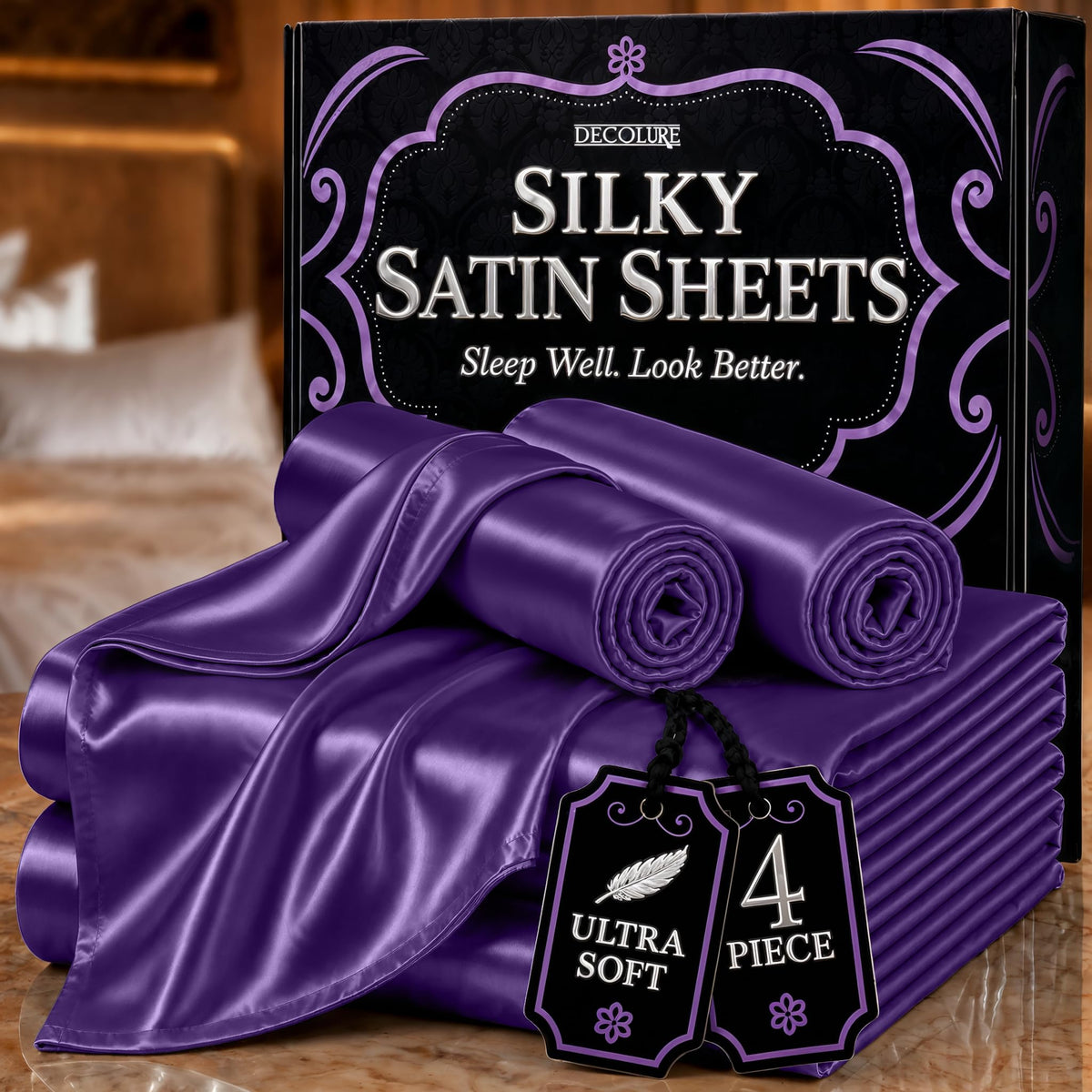 DECOLURE Satin Sheets Queen Size | Softer Than Silk | Luxury 4 Pc Bed Set