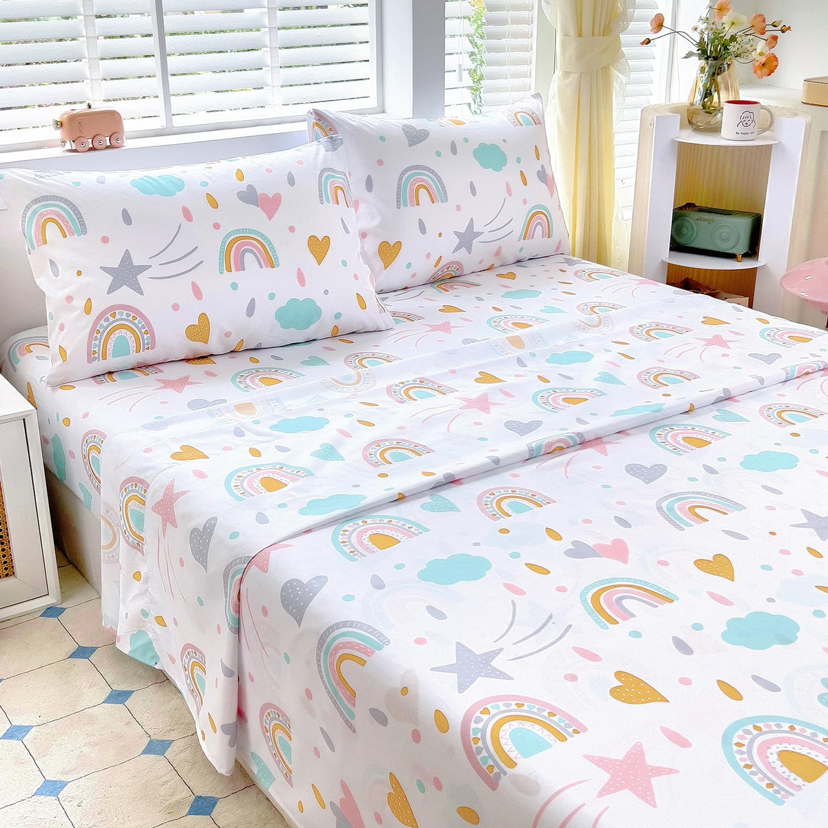 Full Sheet Set Kids - Pink Check 4 Pieces Soft Microfiber Cartoon Style Bedsheets for Boys Girls Teens, Oeko TEX Breathable 15 Inch Deep Pocket Sheets(Pink Bow)