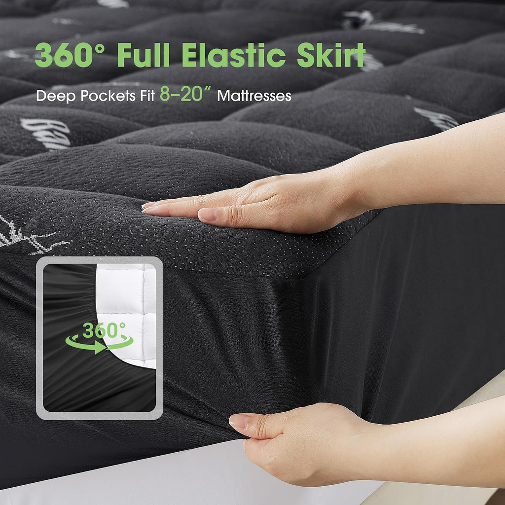 Mattress Pad Queen Size, Cooling Pillow Top Mattress Topper, Ultra Soft Viscose from Bamboo, Breathable for Hot Sleepers, Deep Pocket 8"-20", Black