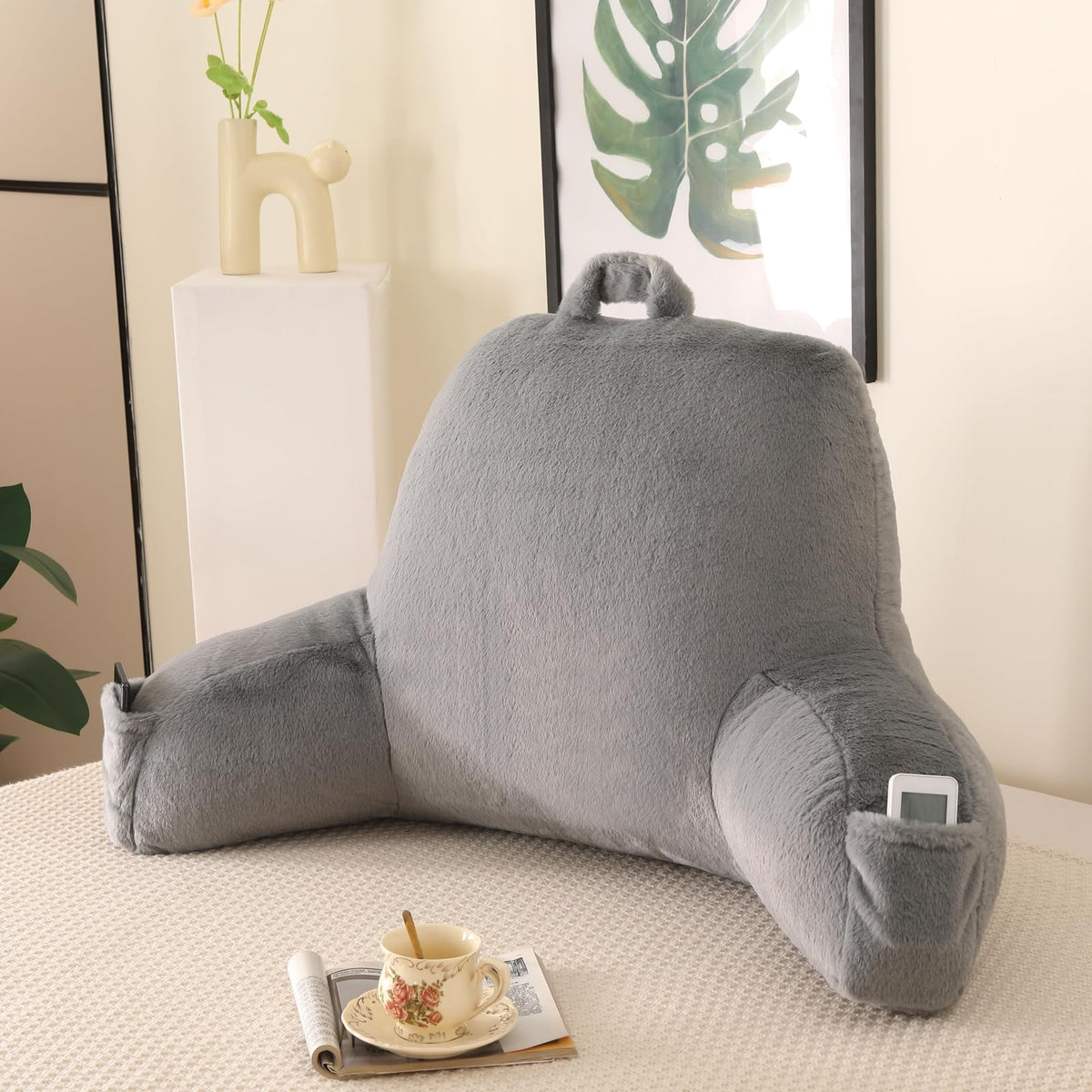 Reading Pillow for Sitting in Bed with Arm,White Corduroy, M