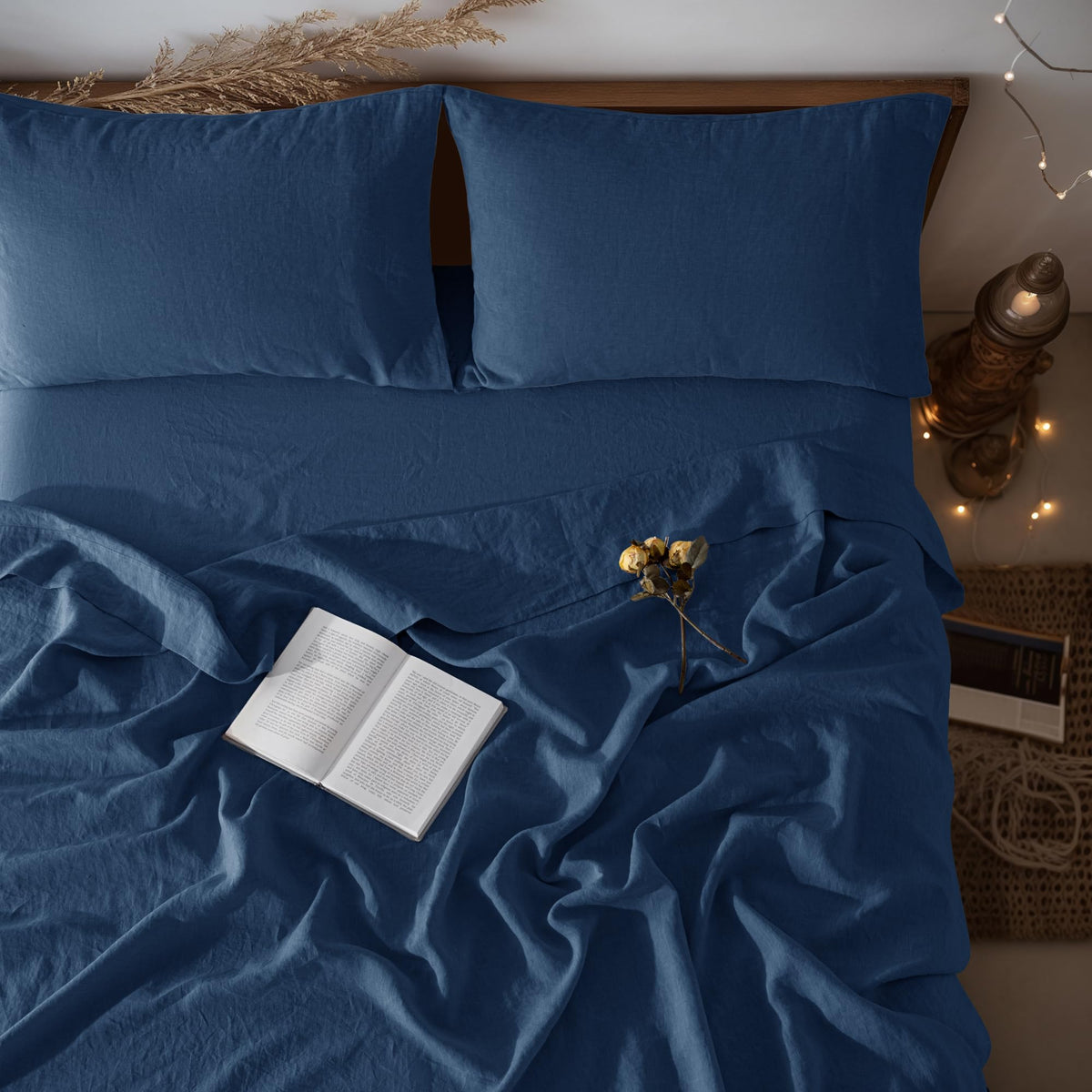 LBRO2M 100% French Pure Linen Sheet Set 4Pcs, 16" Deep Pocket Queen Size