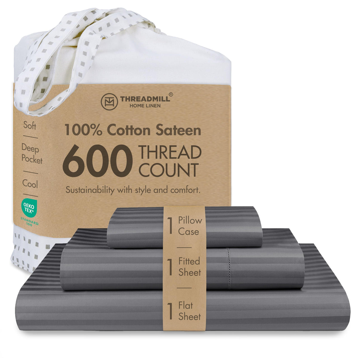 Threadmill 600 Thread Count Cotton Queen Sheet Set, Sateen, Dark Grey
