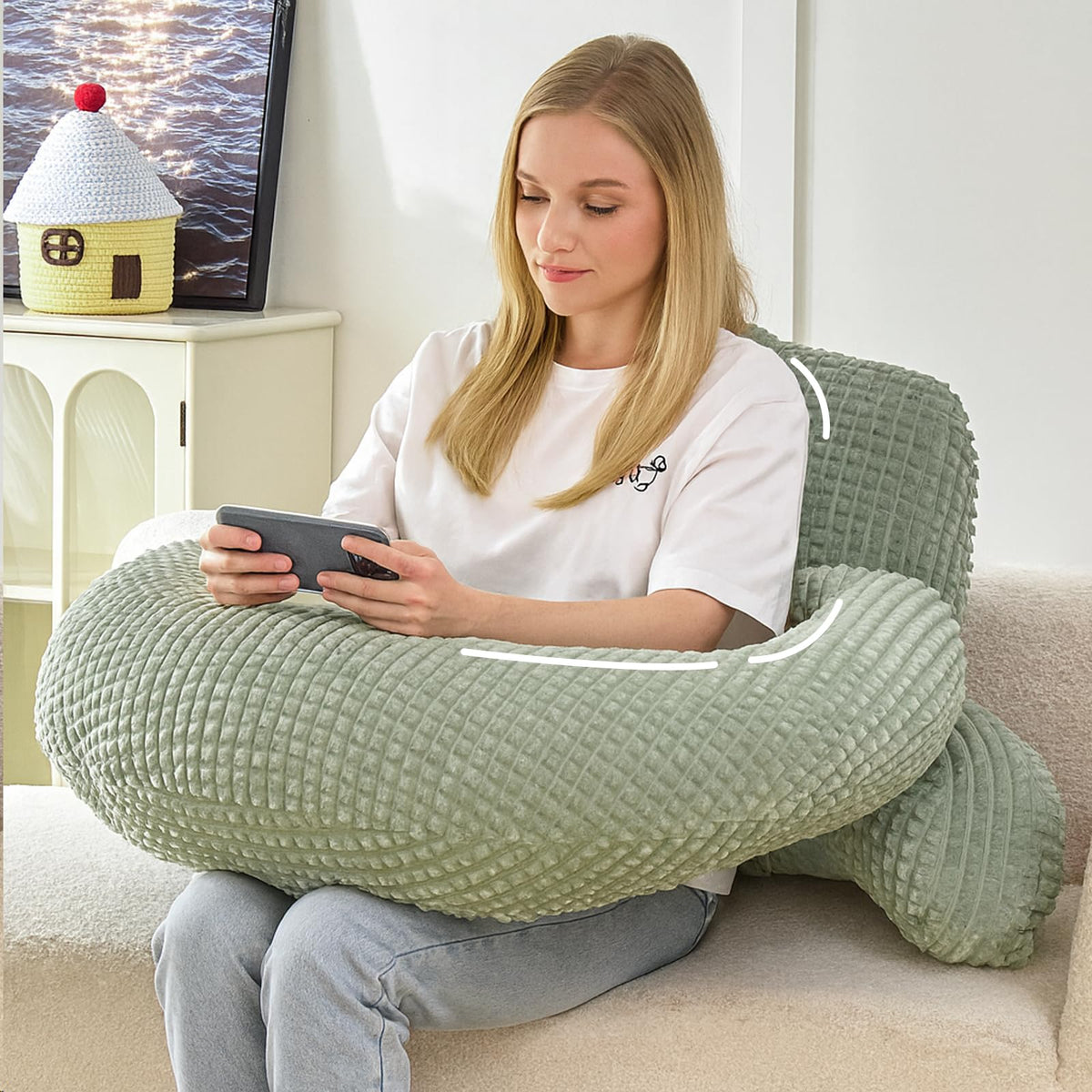 Reading Pillow for Sitting in Bed with Arm,White Corduroy, M