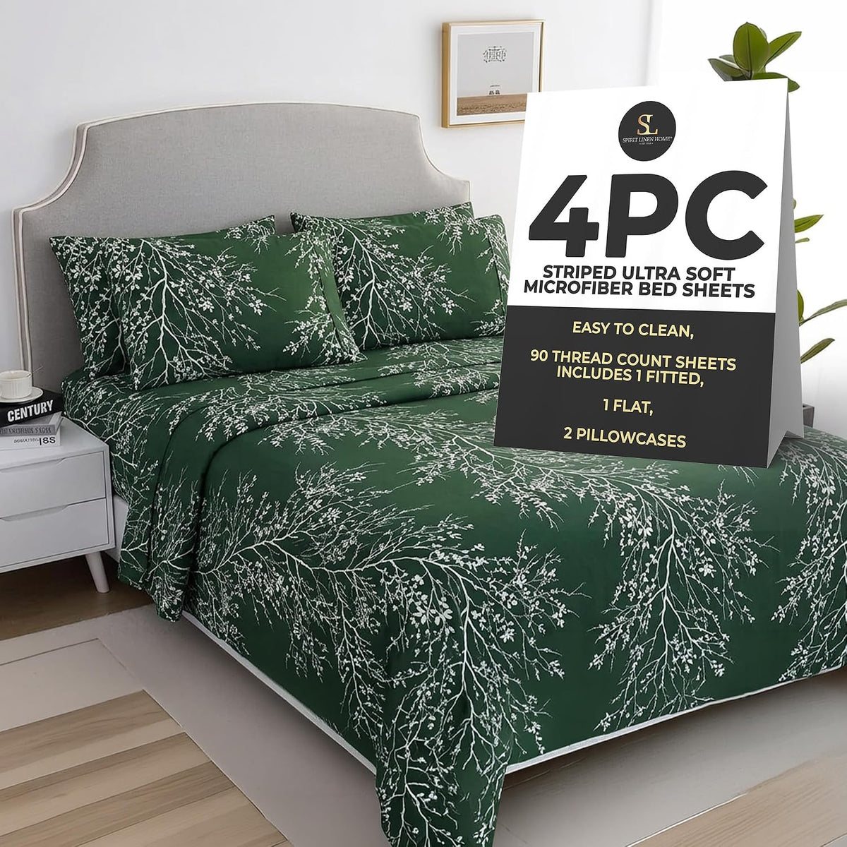 Home 4-Piece Elegant Soft Bed Sheet Set - King, Hunter/White