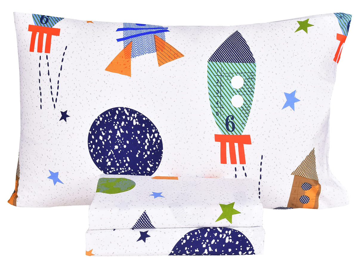 Scientific Sleep Moon & Stars Boys Girls 100% Cotton 3 Pcs Twin Bed Sheet Set Kids Toddler Teen, Flat Sheet & Fitted Sheet & Pillowcase Kids Bedding Set