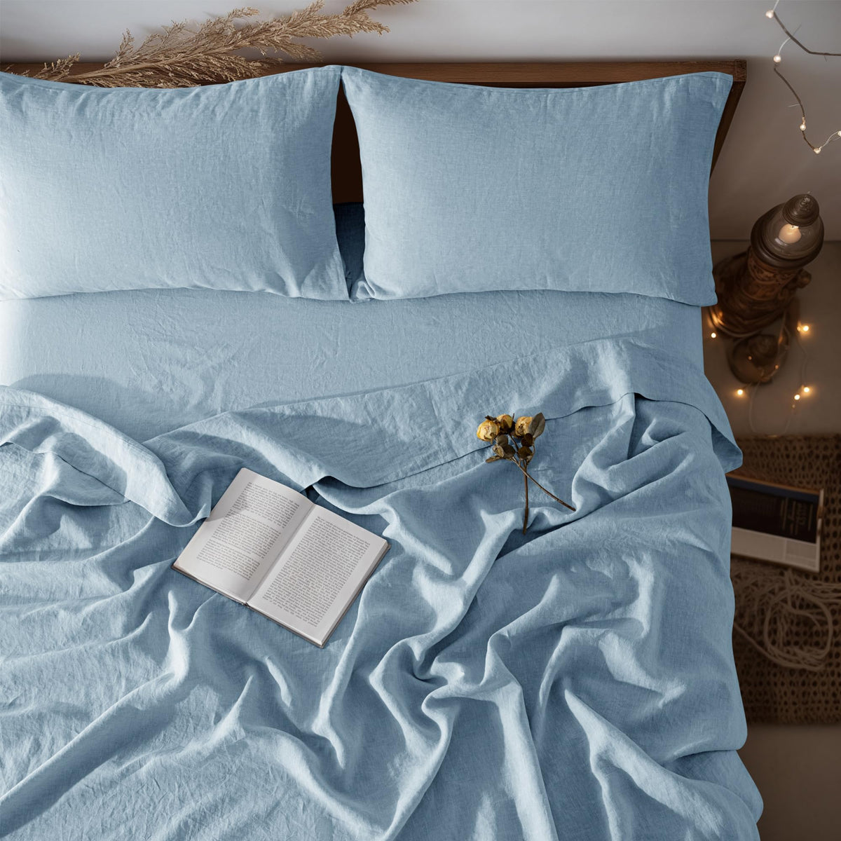 LBRO2M 100% French Pure Linen Sheet Set 4Pcs, 16" Deep Pocket Queen Size