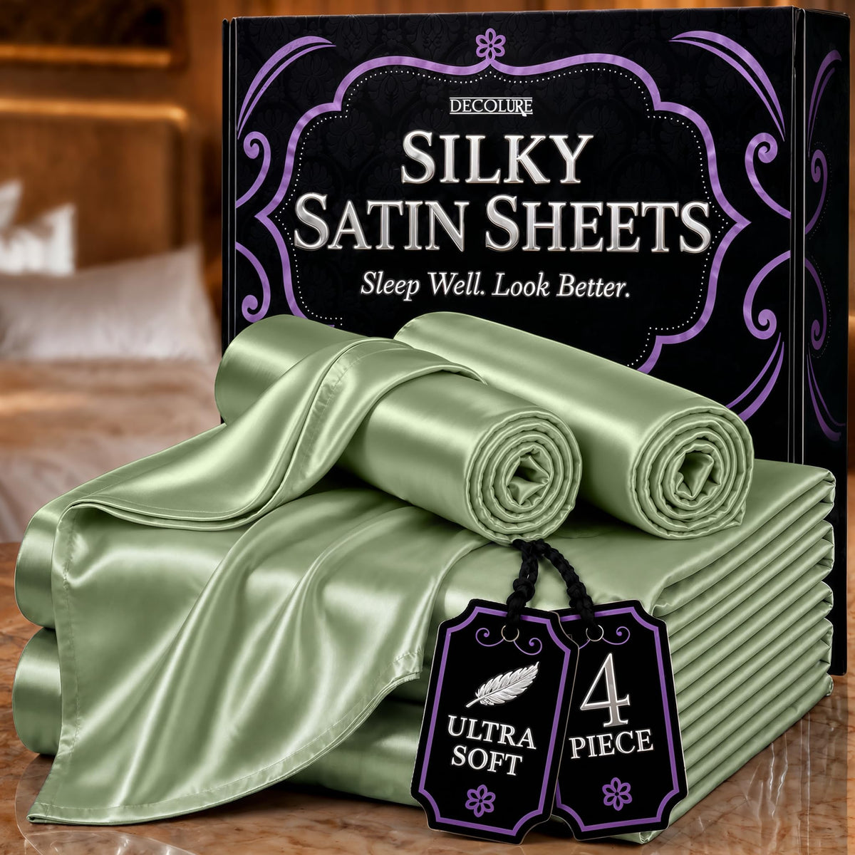 DECOLURE Satin Sheets Queen Size | Softer Than Silk | Luxury 4 Pc Bed Set