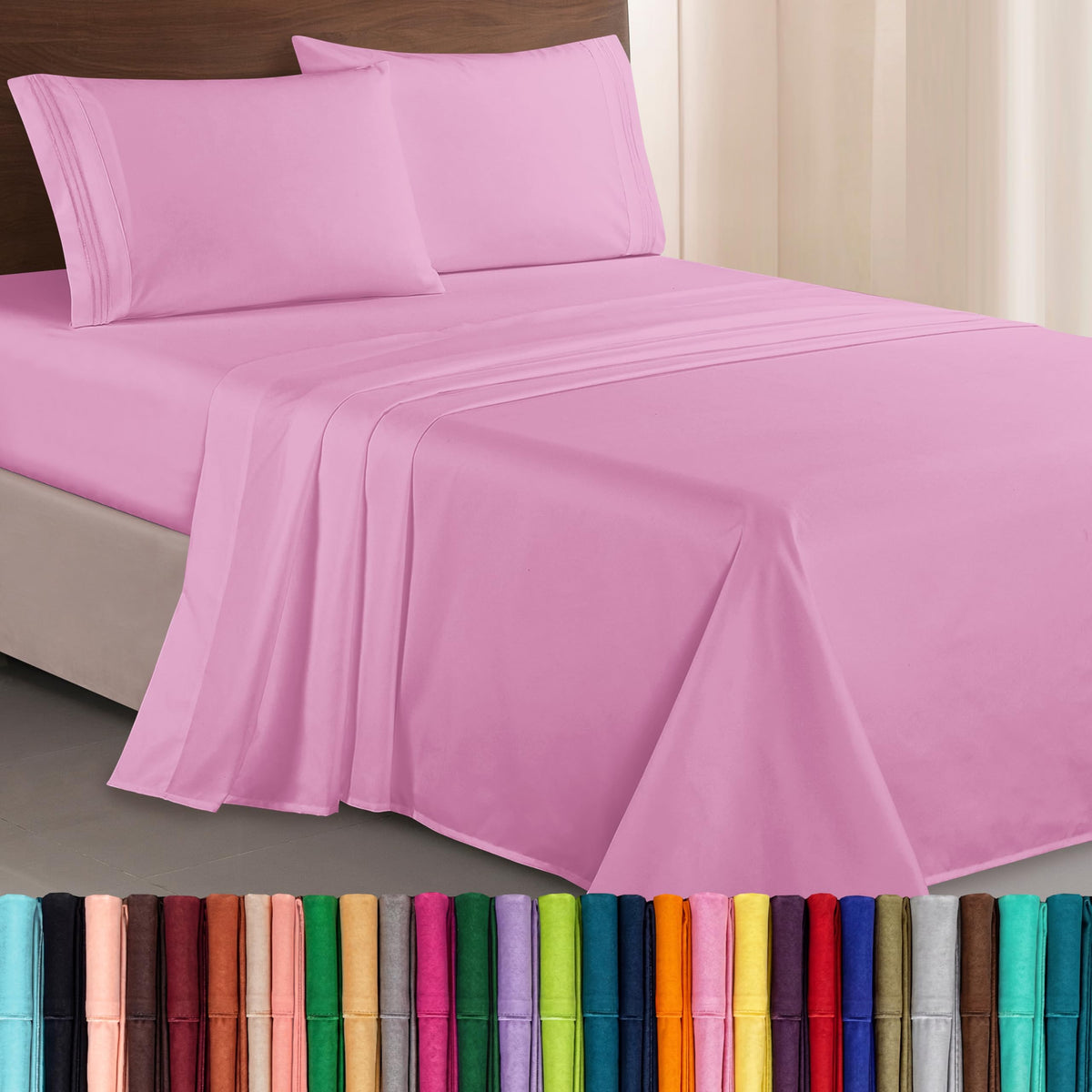 Elegant Comfort Luxurious 1500 Premium Hotel Quality Microfiber Three Line Embroidered Softest 4-Piece Bed Sheet Set, Wrinkle and Fade Resistant, Queen, Light Pink