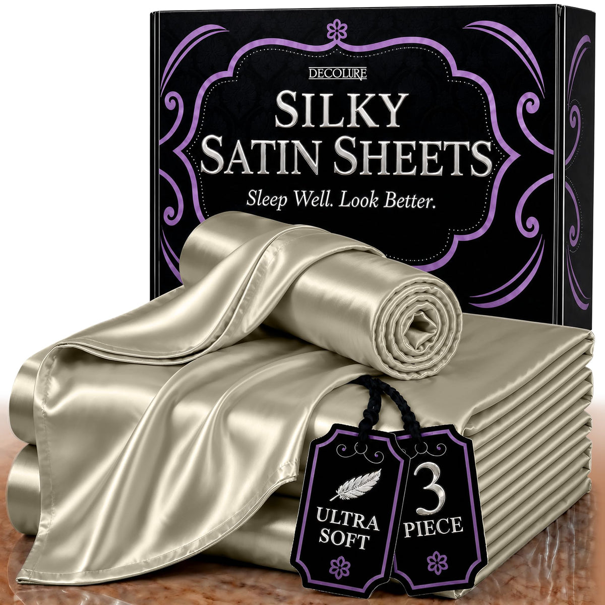DECOLURE Satin Sheets Queen Size | Softer Than Silk | Luxury 4 Pc Bed Set