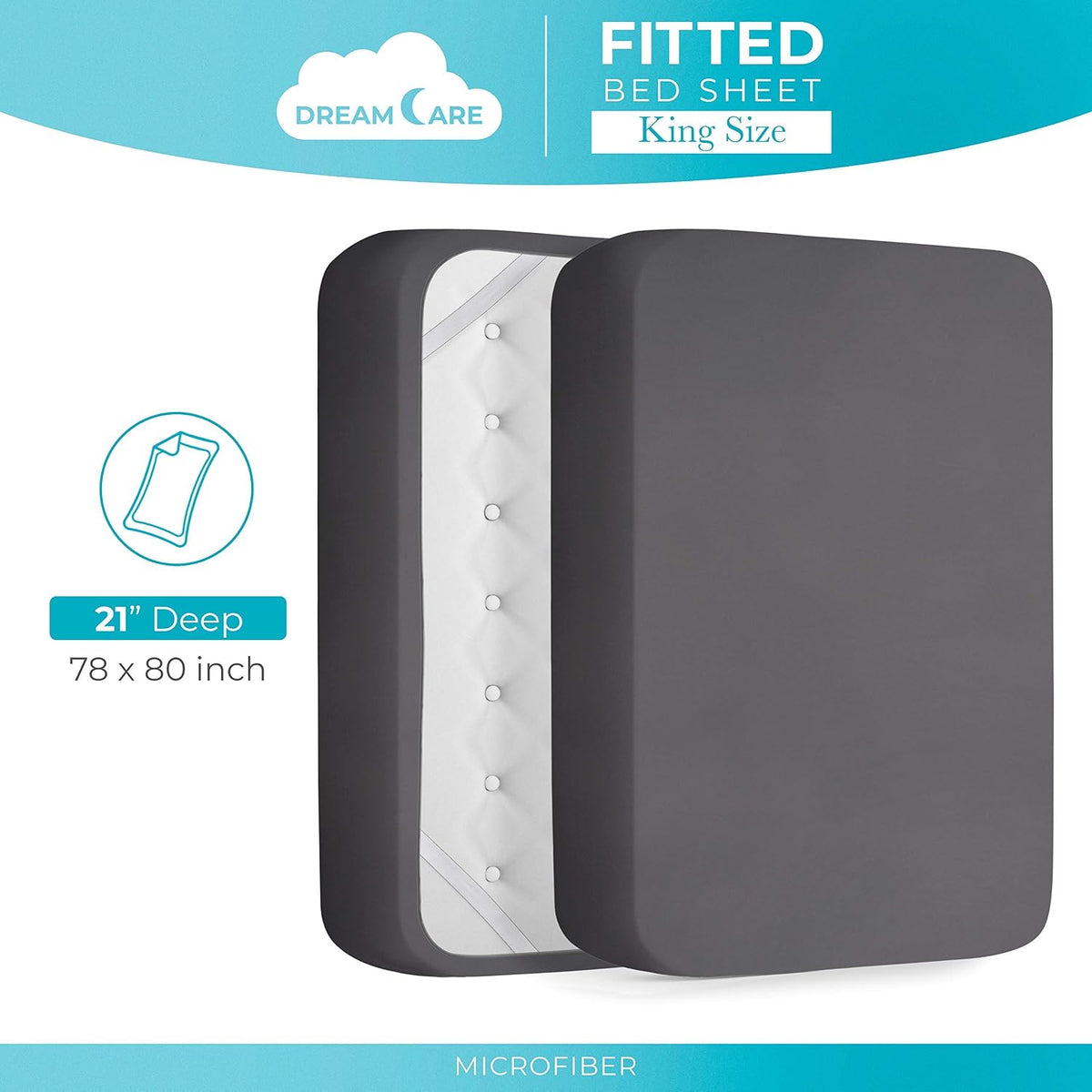 DREAMCARE King Fitted Sheet Only - Extra Deep Pocket Fitted Sheet - Fits up to 21 inch Mattress - Deep Pocket King Sheets - Hotel Luxury - Oeko-Tex Certified Sheets - (Grey)