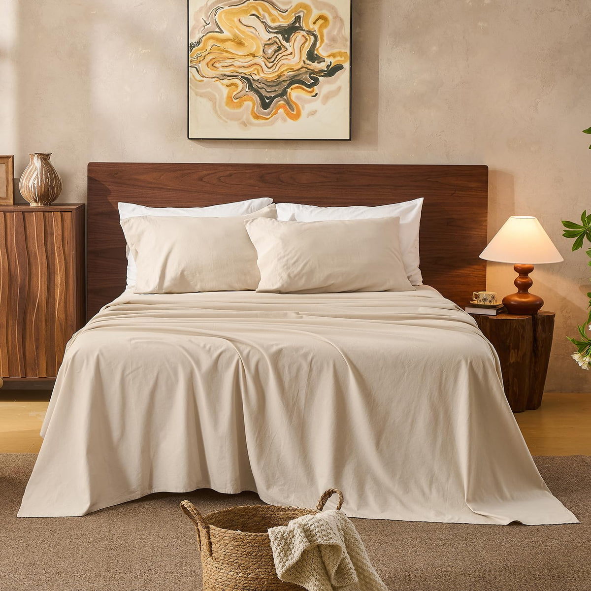 100% Linen Sheets Queen Size,Breathable & Durable 4-Piece Bed Flax Sheet Set,Soft All-Season Bedding for Hot Sleepers 16" Deep Pocket Oeko-TEX Certified,（Queen, Linen）