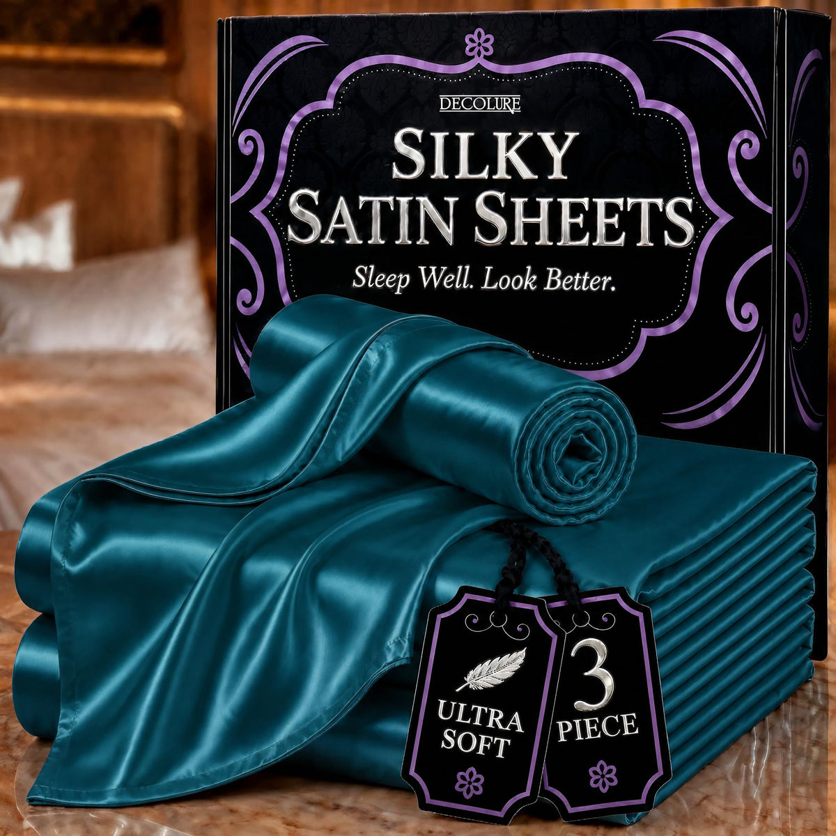 DECOLURE Satin Sheets Queen Size | Softer Than Silk | Luxury 4 Pc Bed Set