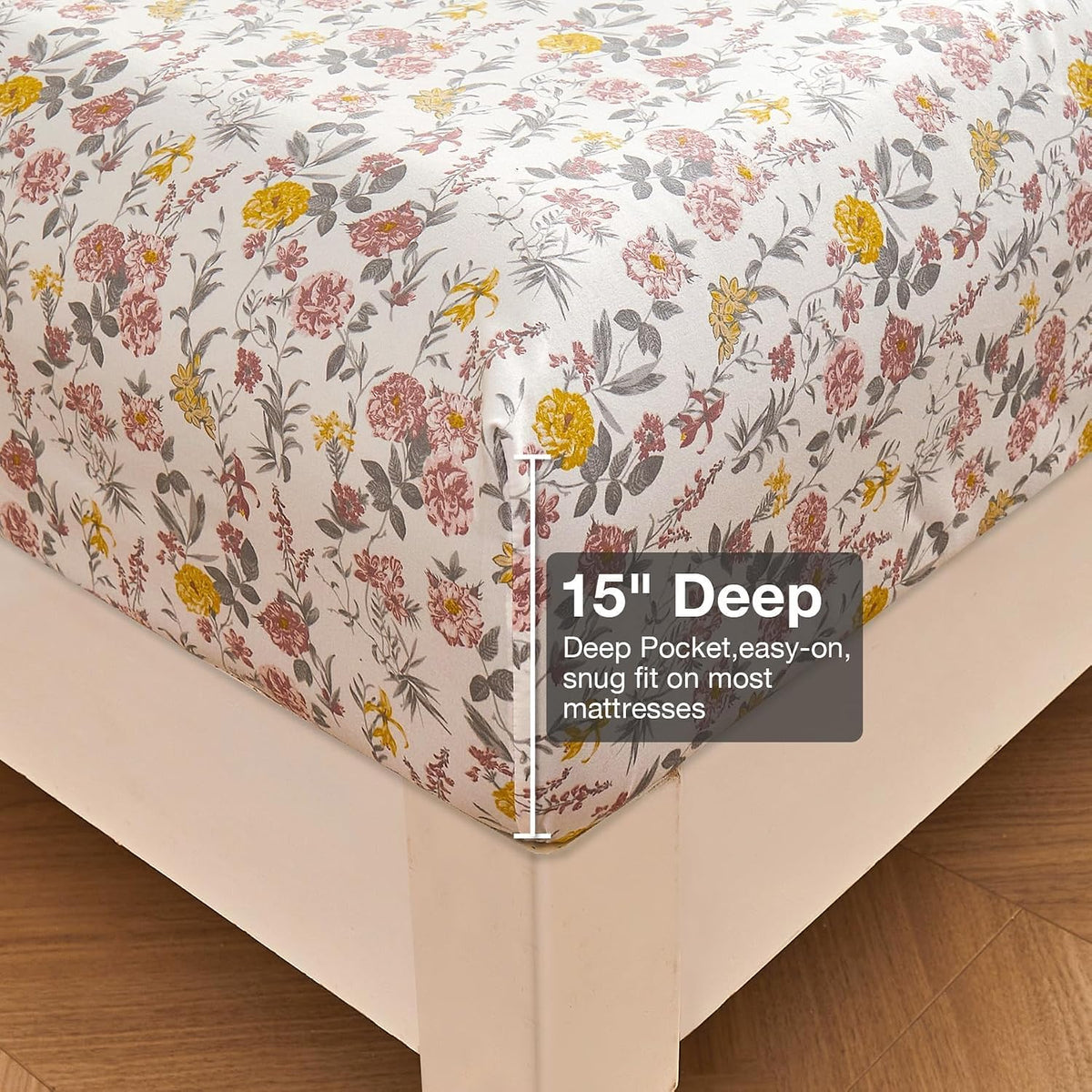 Viviland Floral Twin Sheet Set - 3 Piece Vintage Pink & Yellow Flower Patterned Bed Sheets - Soft, Breathable Microfiber Sheets with Deep Pocket, Non-Slip Fitted Sheets & Pillowcases