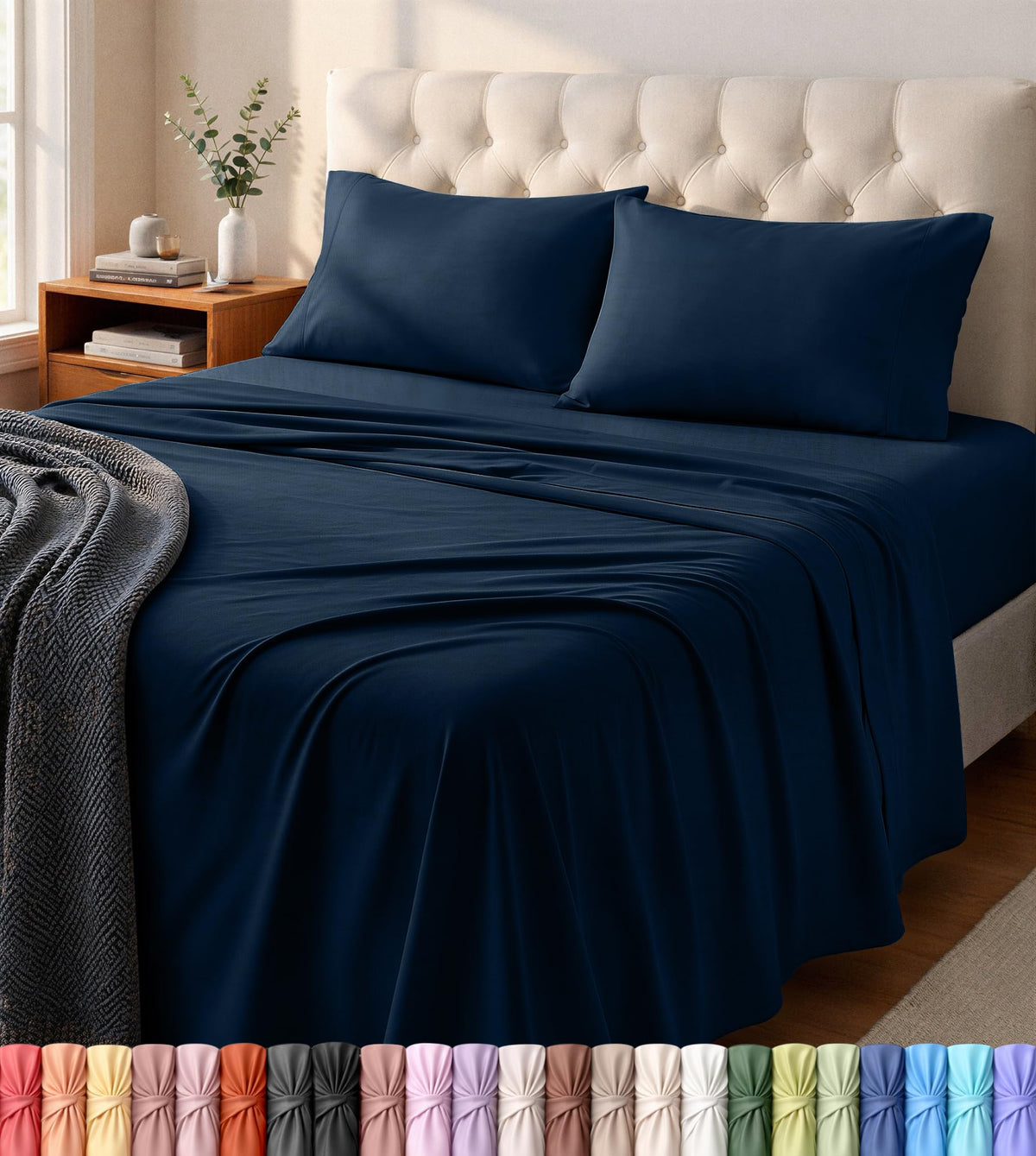 Jersey Knit Sheets 4 Piece, Cotton T-Shirt Feel, Queen, Heather Light Grey
