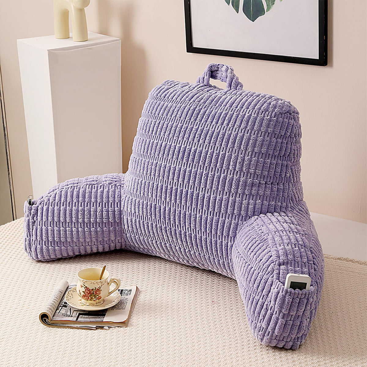 Reading Pillow for Sitting in Bed with Arm,White Corduroy, M