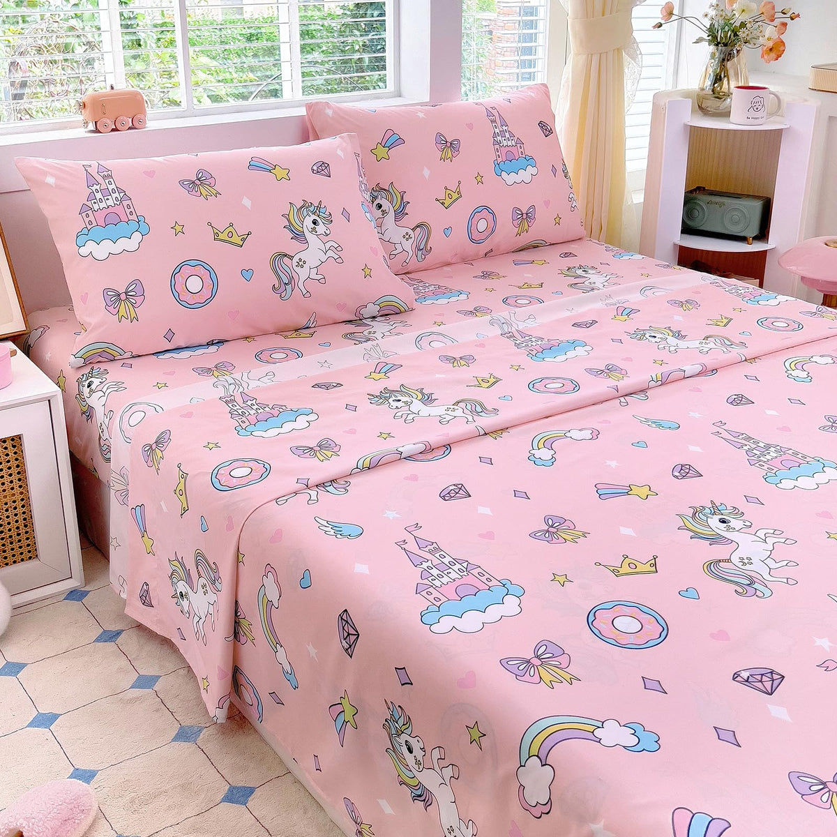 Full Sheet Set Kids - Pink Check 4 Pieces Soft Microfiber Cartoon Style Bedsheets for Boys Girls Teens, Oeko TEX Breathable 15 Inch Deep Pocket Sheets(Pink Bow)