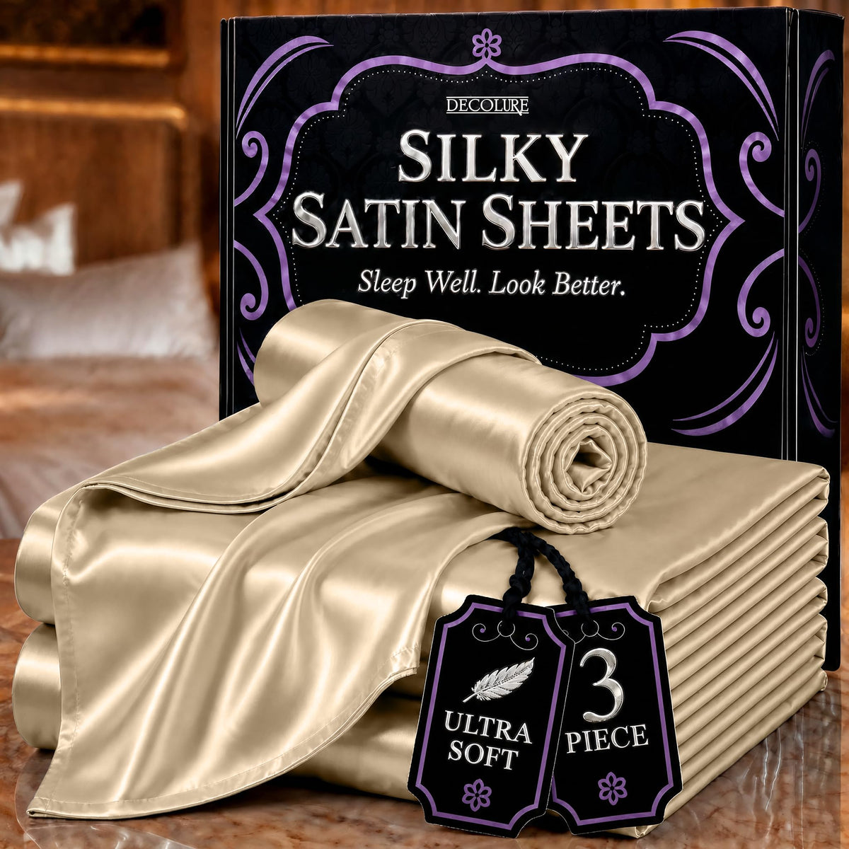 DECOLURE Satin Sheets Queen Size | Softer Than Silk | Luxury 4 Pc Bed Set