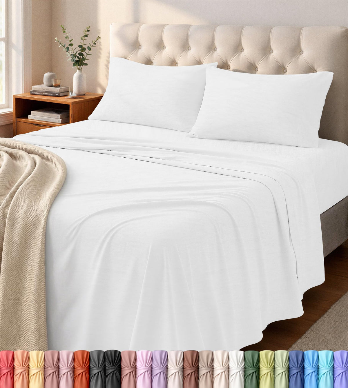 Jersey Knit Sheets 4 Piece, Cotton T-Shirt Feel, Queen, Heather Light Grey