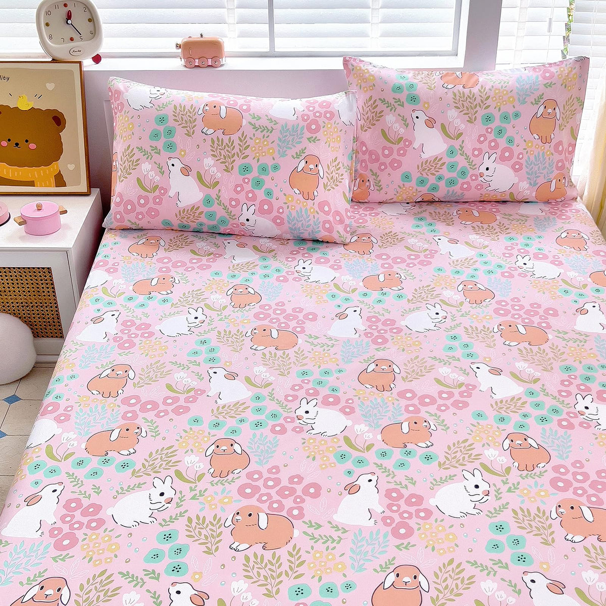 Full Sheet Set Kids - Pink Check 4 Pieces Soft Microfiber Cartoon Style Bedsheets for Boys Girls Teens, Oeko TEX Breathable 15 Inch Deep Pocket Sheets(Pink Bow)