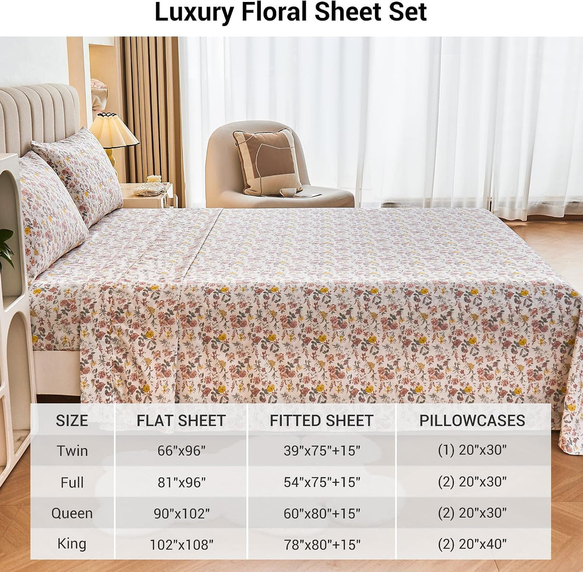 Viviland Floral Twin Sheet Set - 3 Piece Vintage Pink & Yellow Flower Patterned Bed Sheets - Soft, Breathable Microfiber Sheets with Deep Pocket, Non-Slip Fitted Sheets & Pillowcases