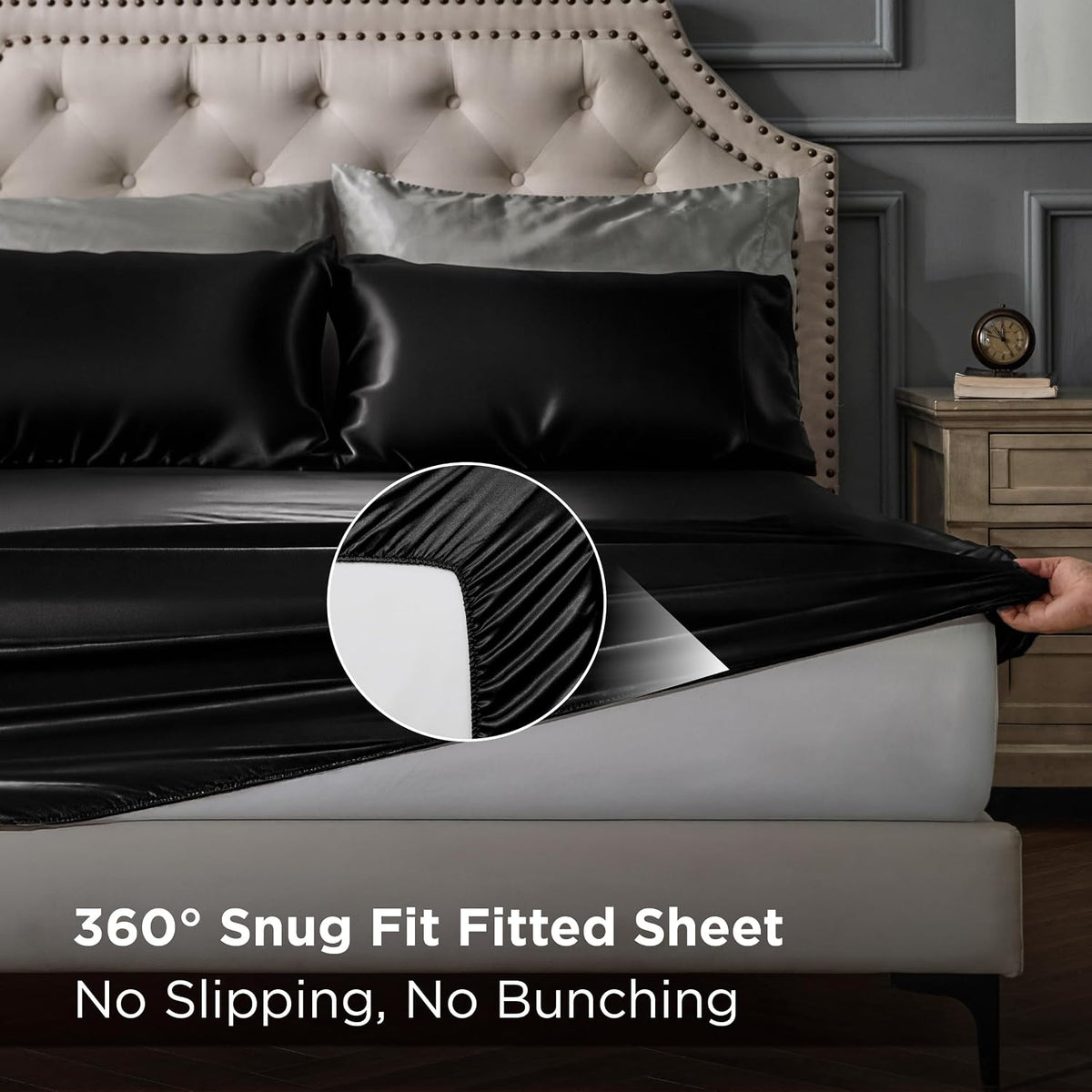 Bedsure Black Satin Sheets Queen Size, Soft Silky Bedsheet for Hair & Skin