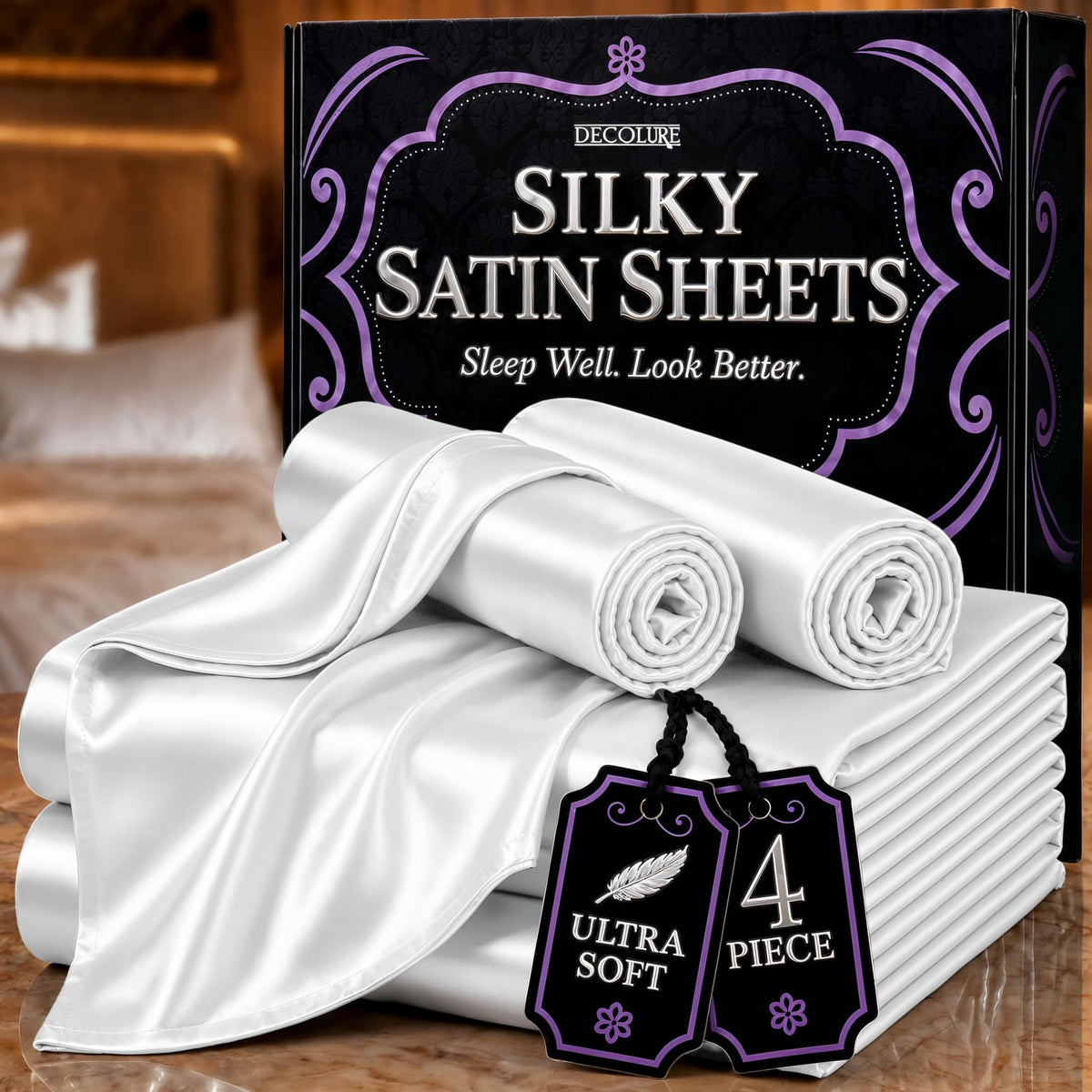 DECOLURE Satin Sheets Queen Size | Softer Than Silk | Luxury 4 Pc Bed Set