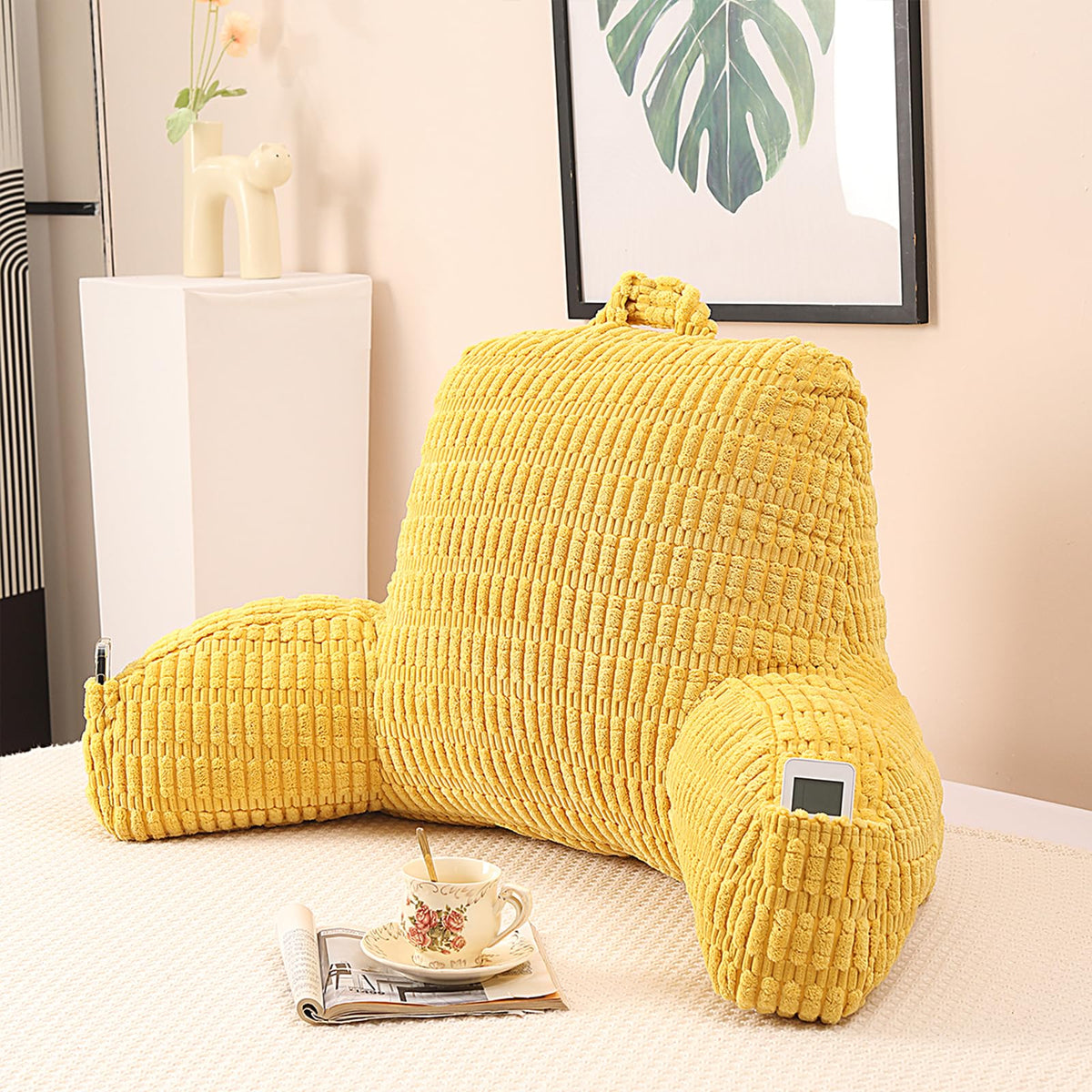 Reading Pillow for Sitting in Bed with Arm,White Corduroy, M