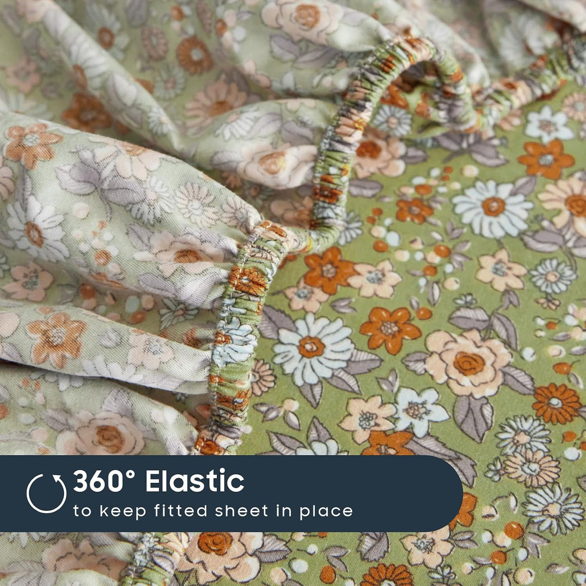 Wake In Cloud - Floral Bed Sheets, 4-Piece Sheet Set, Shabby Chic Flower Pattern Printed Country Coquette Cottage Aesthetic Bedding, Deep Pocket, Olive Green, King Size