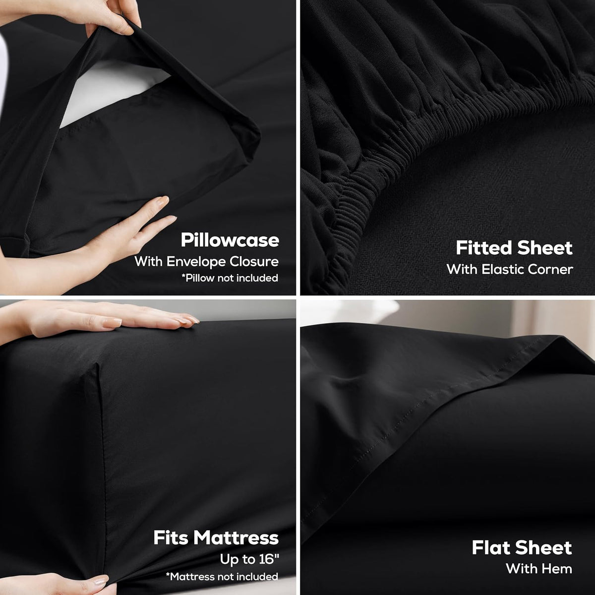 Queen Sheets Set, 4 Pieces 16" Deep Pocket Hotel Luxury Bed Sheets, Black