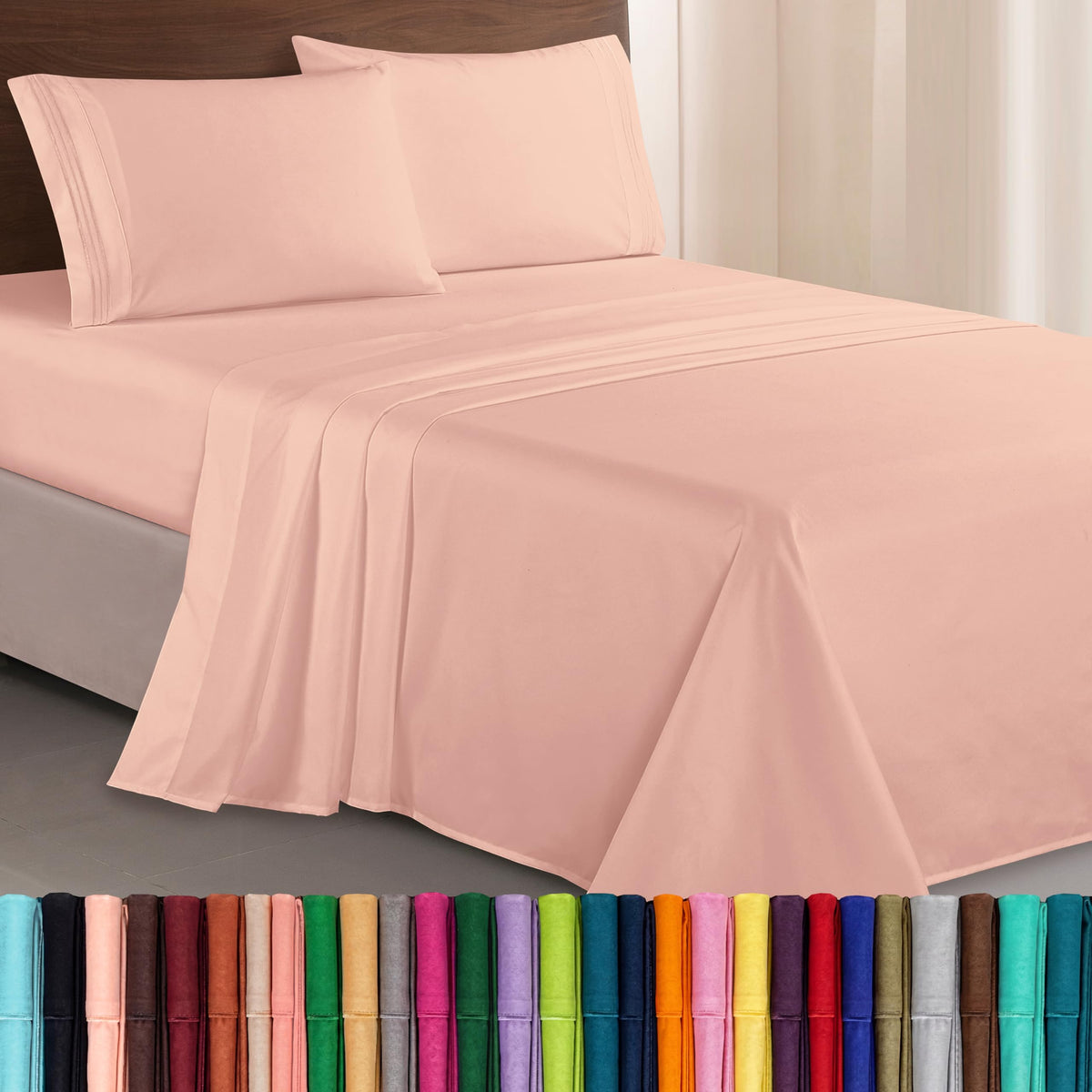 Elegant Comfort Luxurious 1500 Premium Hotel Quality Microfiber Three Line Embroidered Softest 4-Piece Bed Sheet Set, Wrinkle and Fade Resistant, Queen, Light Pink