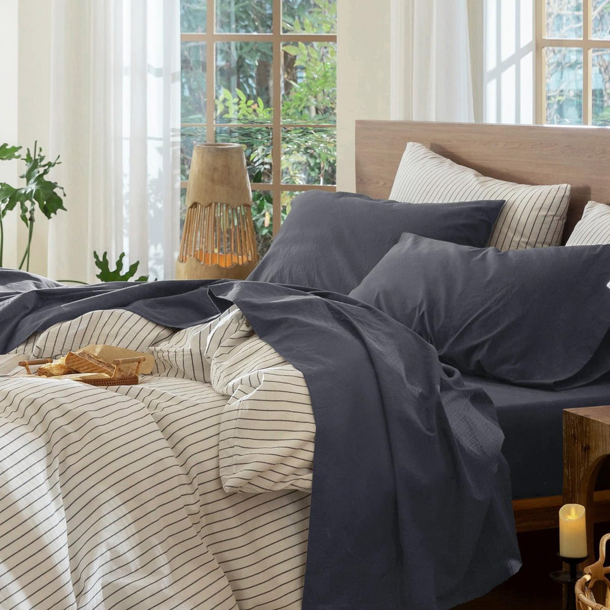 MooMee Sheet Set 100% Washed Cotton Lived-in Extra Deep Pocket King