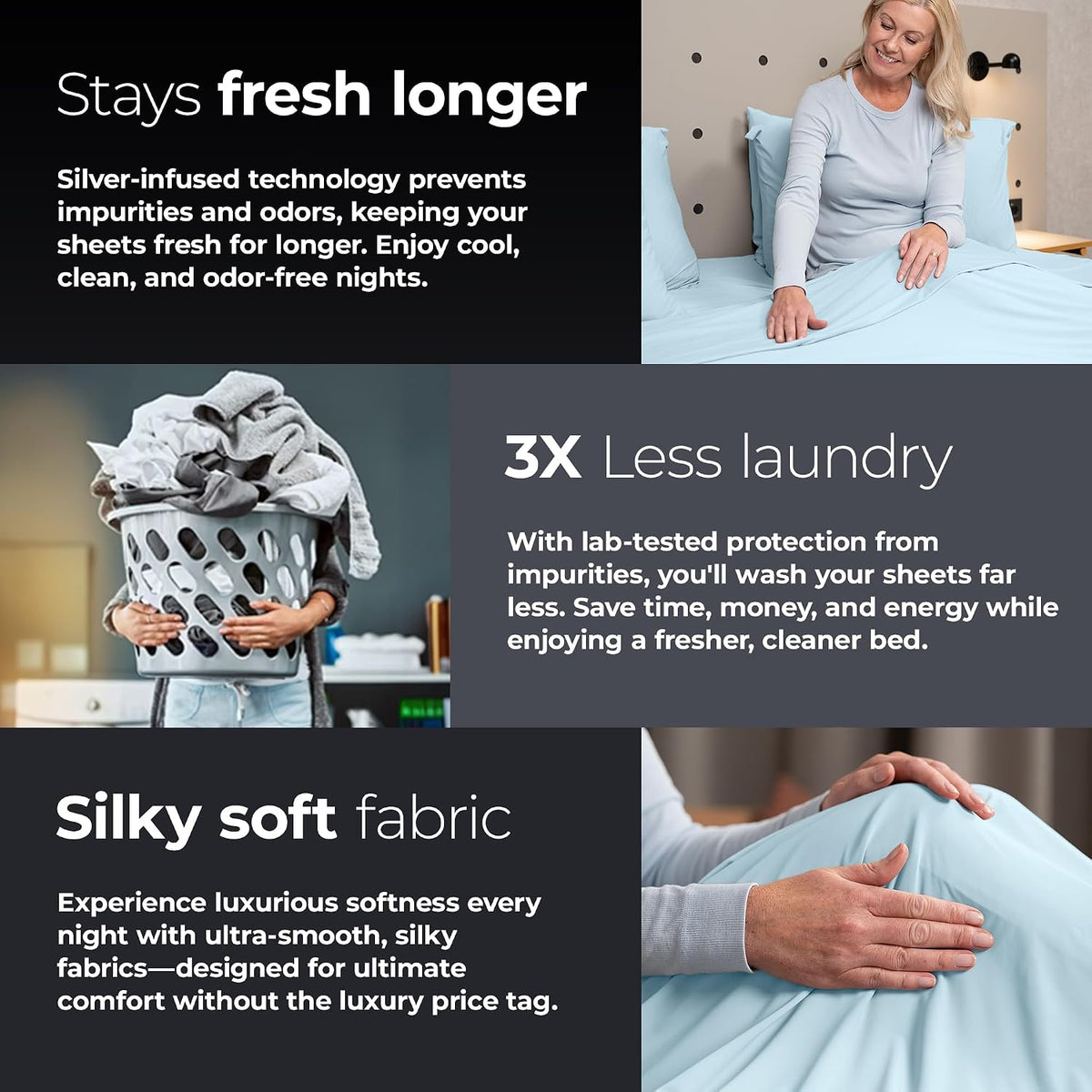 Silvery Silver Infused Ice Blue Bed Sheets Set - Award-Winning Self-Cooling Fabric with Self-Cleaning Silvery Technology that Stays Fresh 3X Longer for Hygienic Sleep
