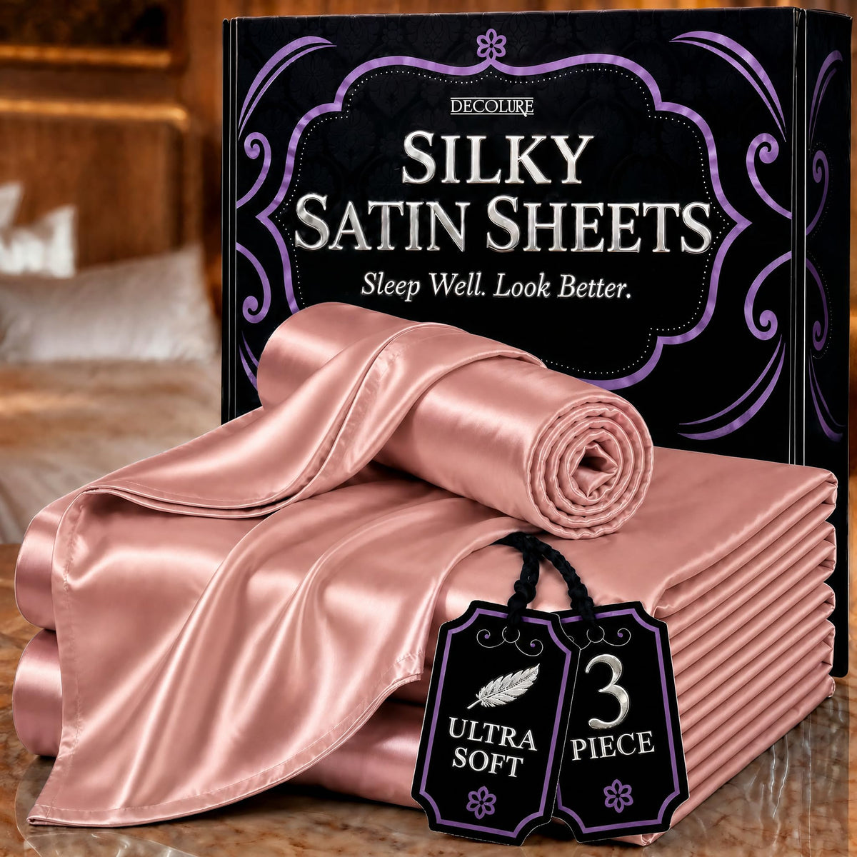 DECOLURE Satin Sheets Queen Size | Softer Than Silk | Luxury 4 Pc Bed Set