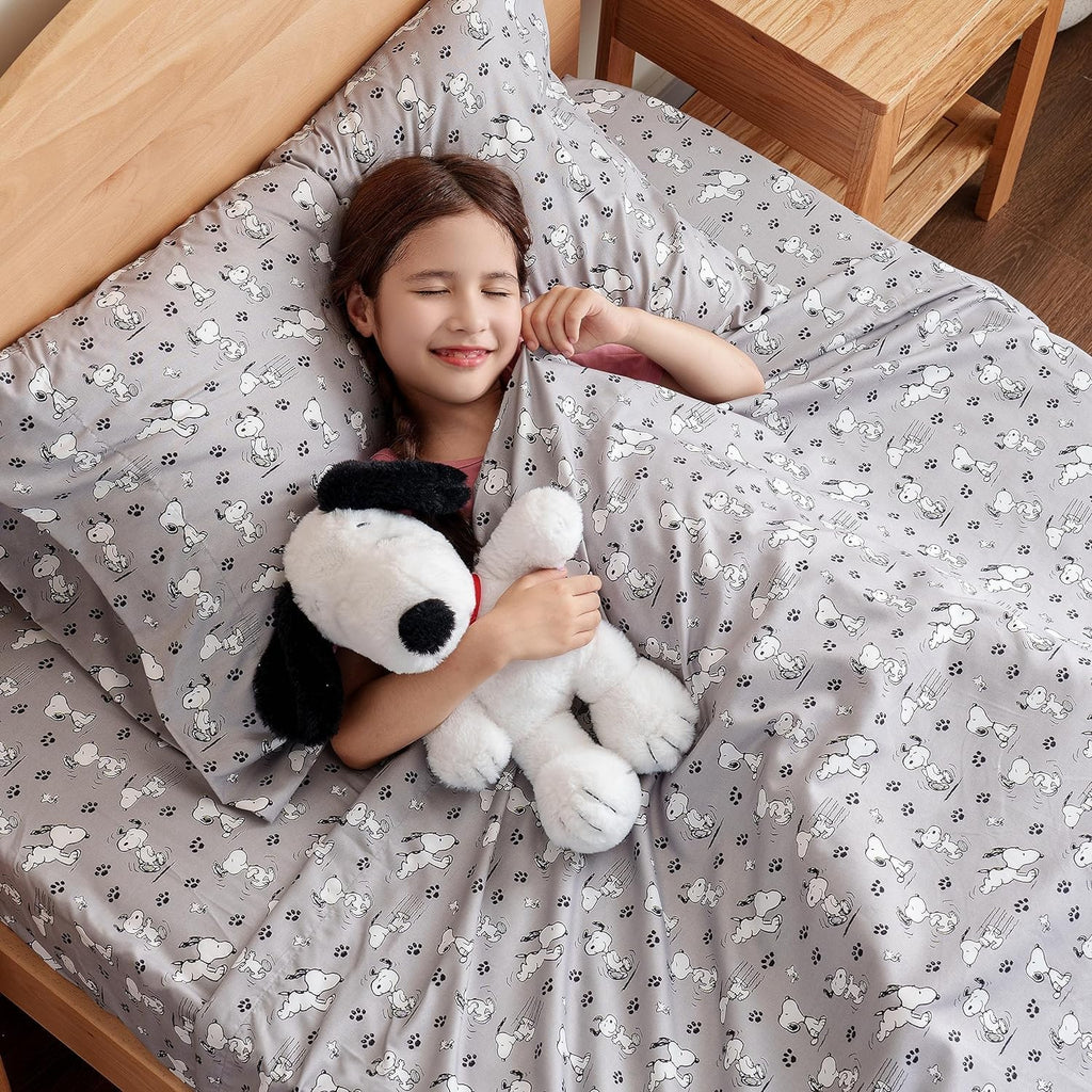 Berkshire Peanuts® Sheet Set Queen Size - 4 Pieces,Cute Character Snoopy Printed Soft Microfiber Bed Sheets,Peanuts Poses and Paws Grey